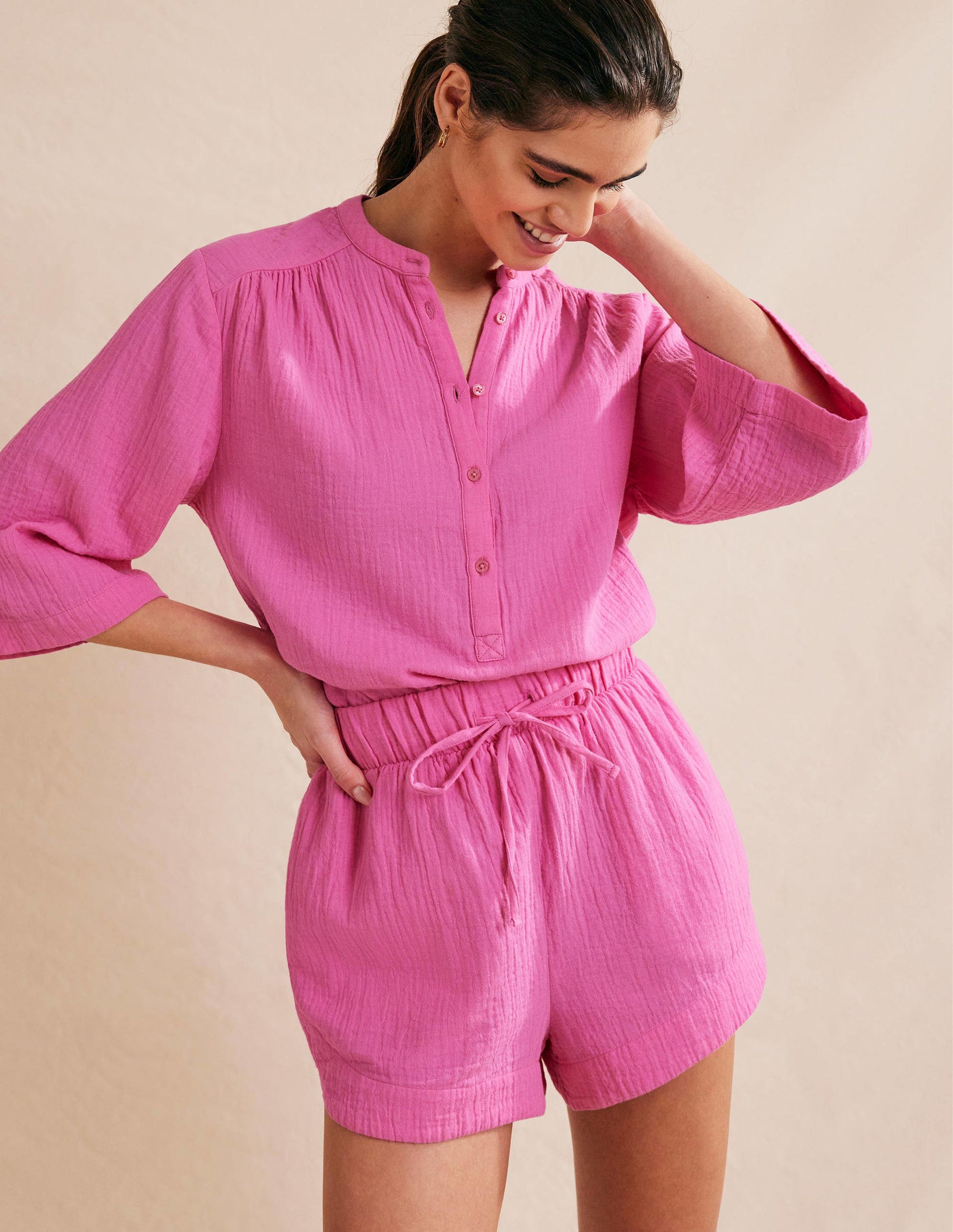 Tie Waist Cheesecloth Shorts-Festival Pink-5