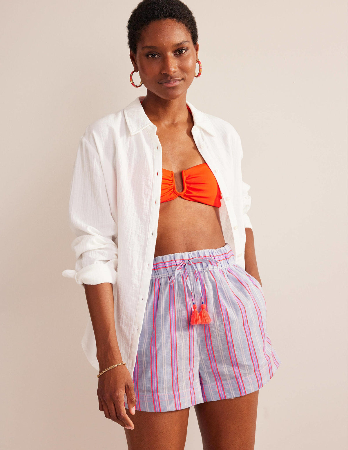 Tie Waist Striped Shorts-Blue and Watermelon Stripe - Image 1