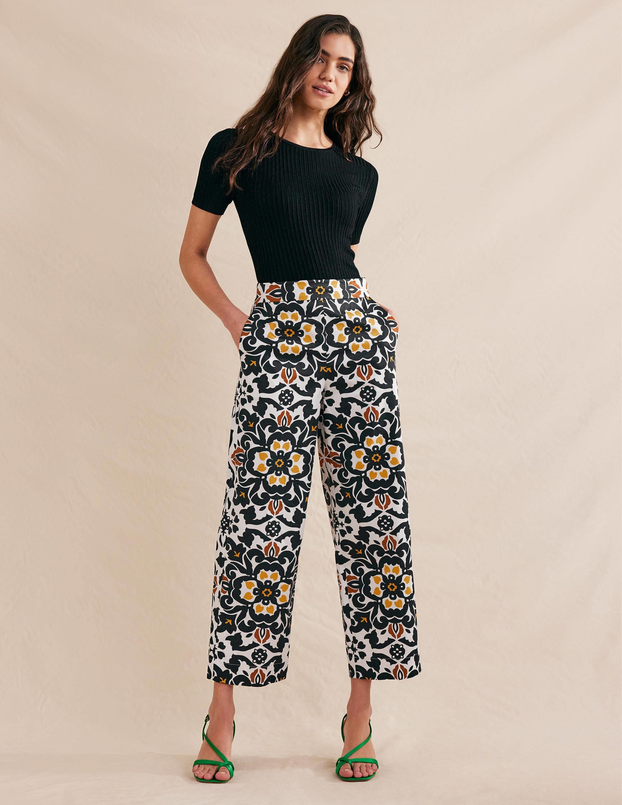 Printed Crop Pants-Black, Opulent Pome - Image 1