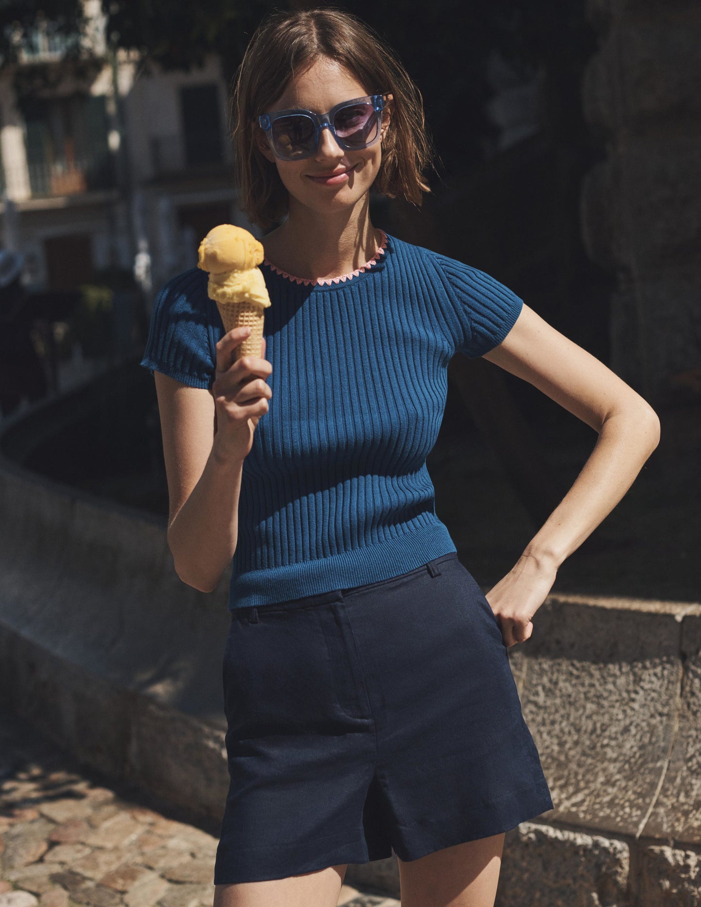 Tailored Linen Shorts-Navy