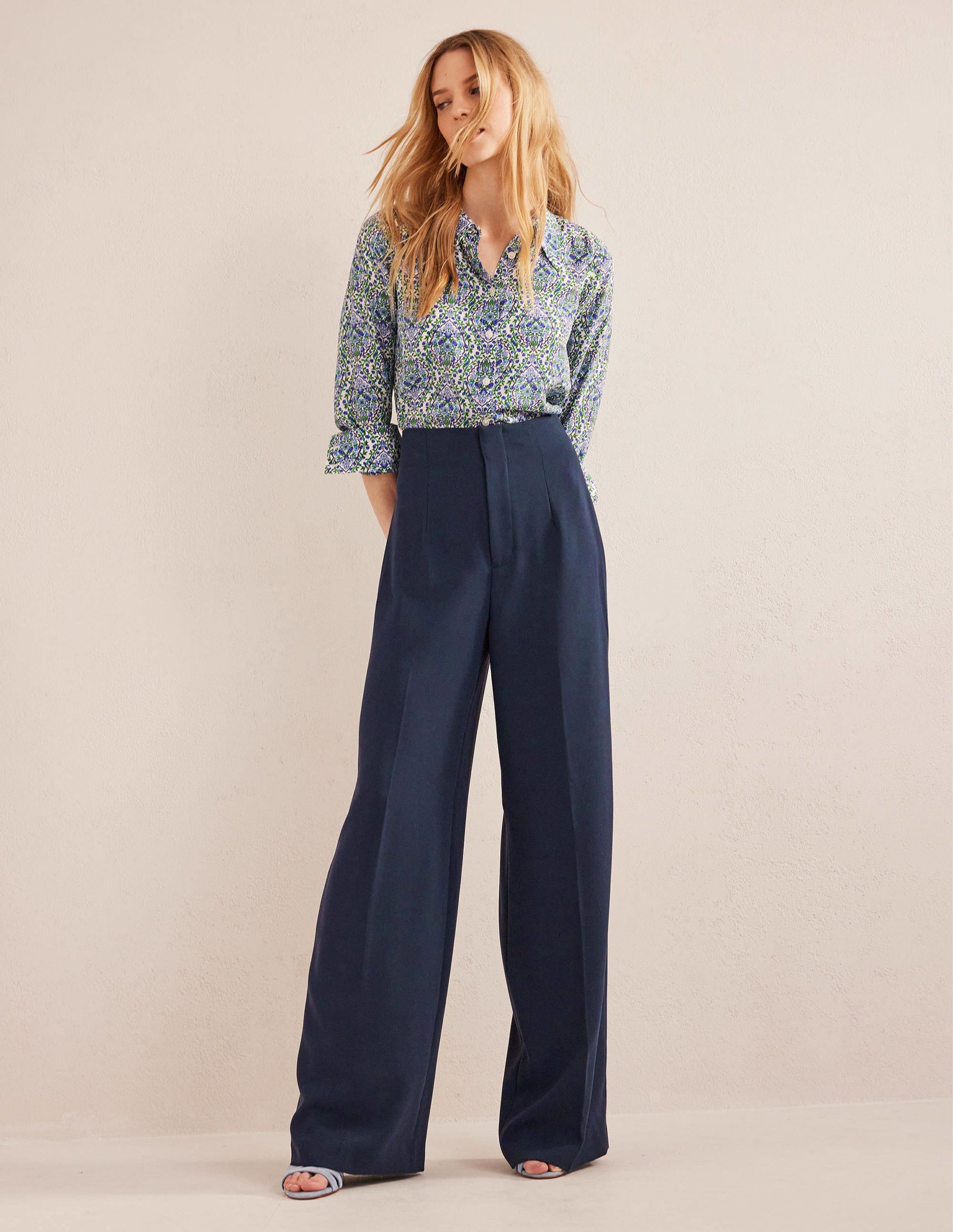 Wide Leg Crepe Pants-Navy - Image 1
