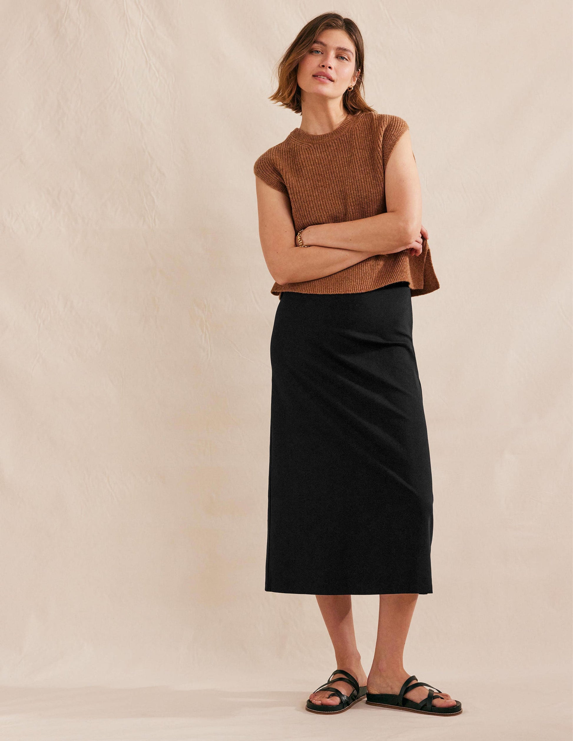 Straight Jersey Midi Skirt-Black-1