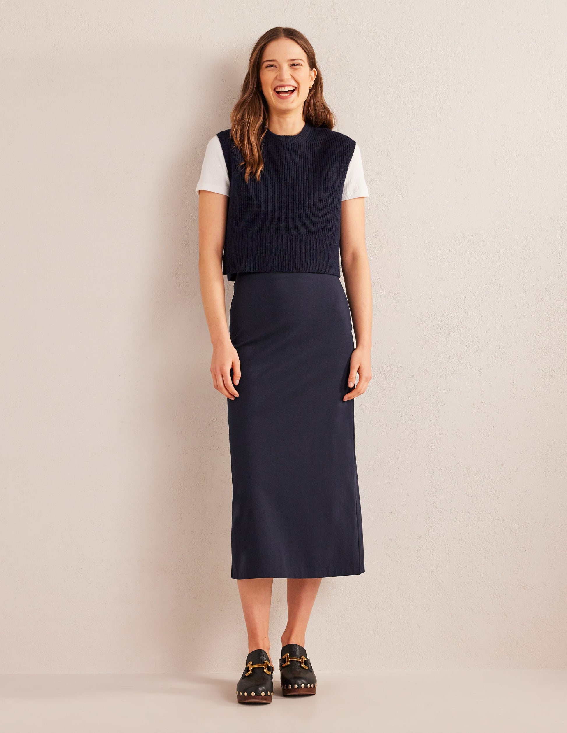 Straight Jersey Midi Skirt-Navy-1