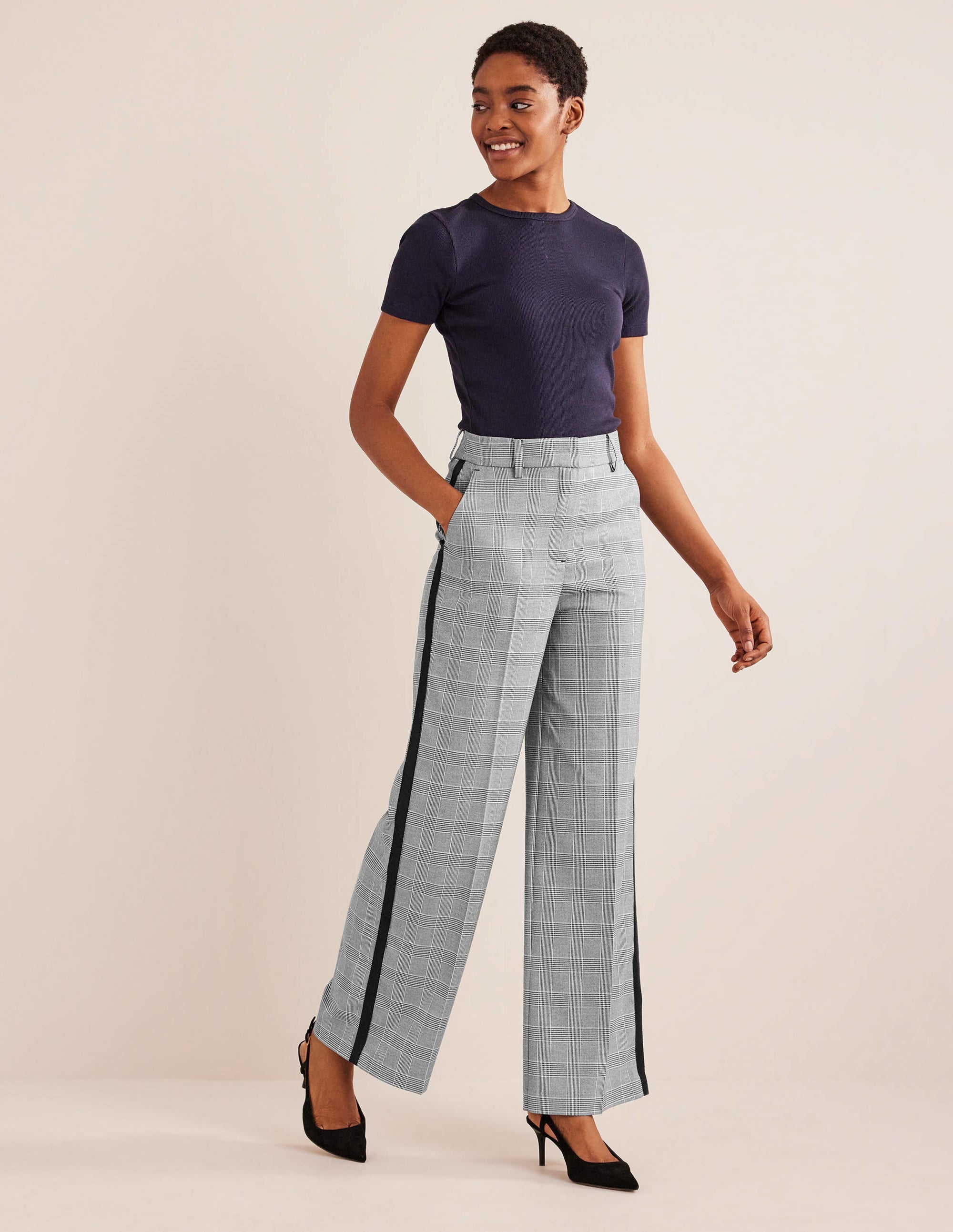 Wesbourne Wide Leg Pants-Check with Navy Side Stripe - Image 1