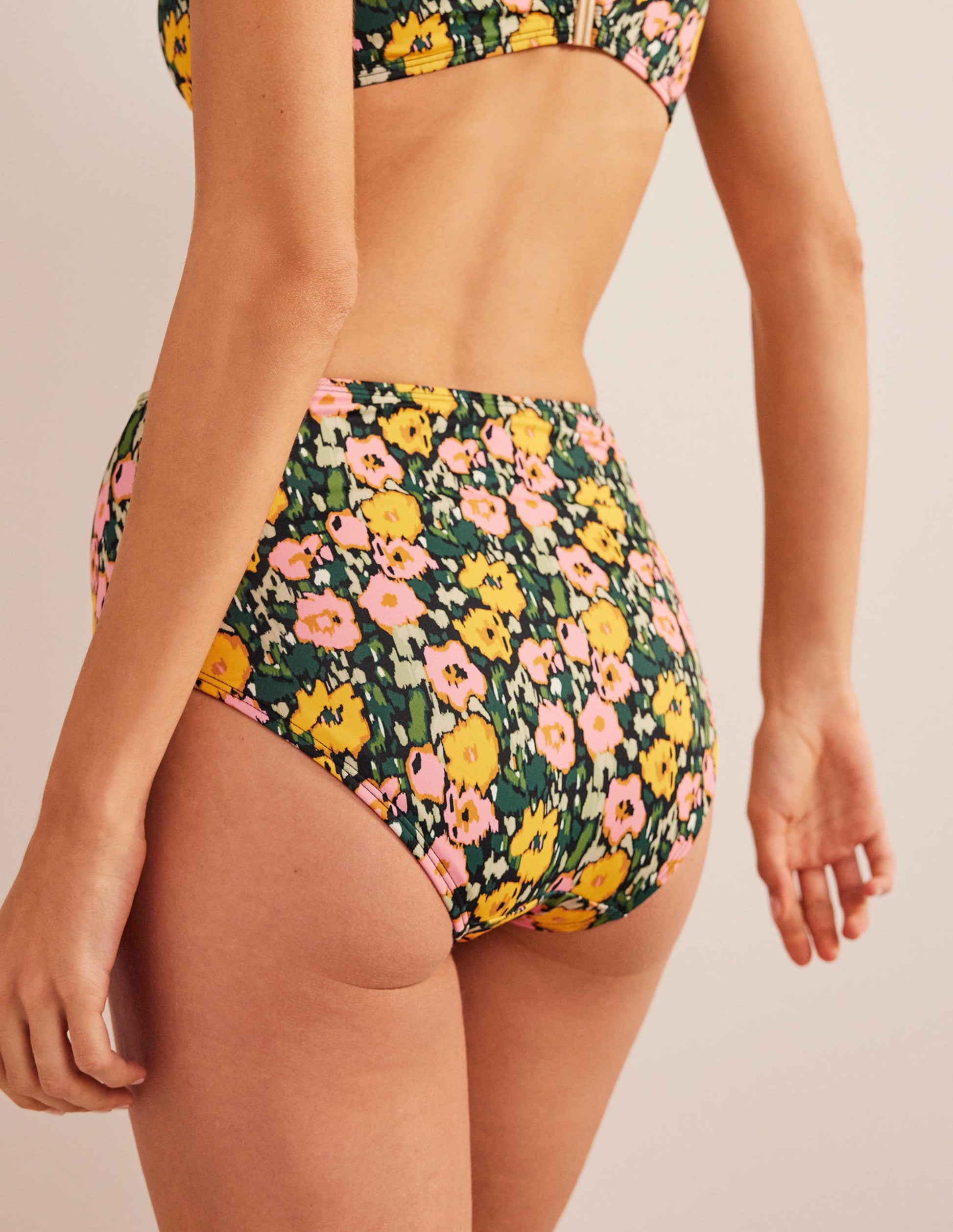 High Waisted Bikini Bottoms-Emerald Night, Abstract Poppy-3