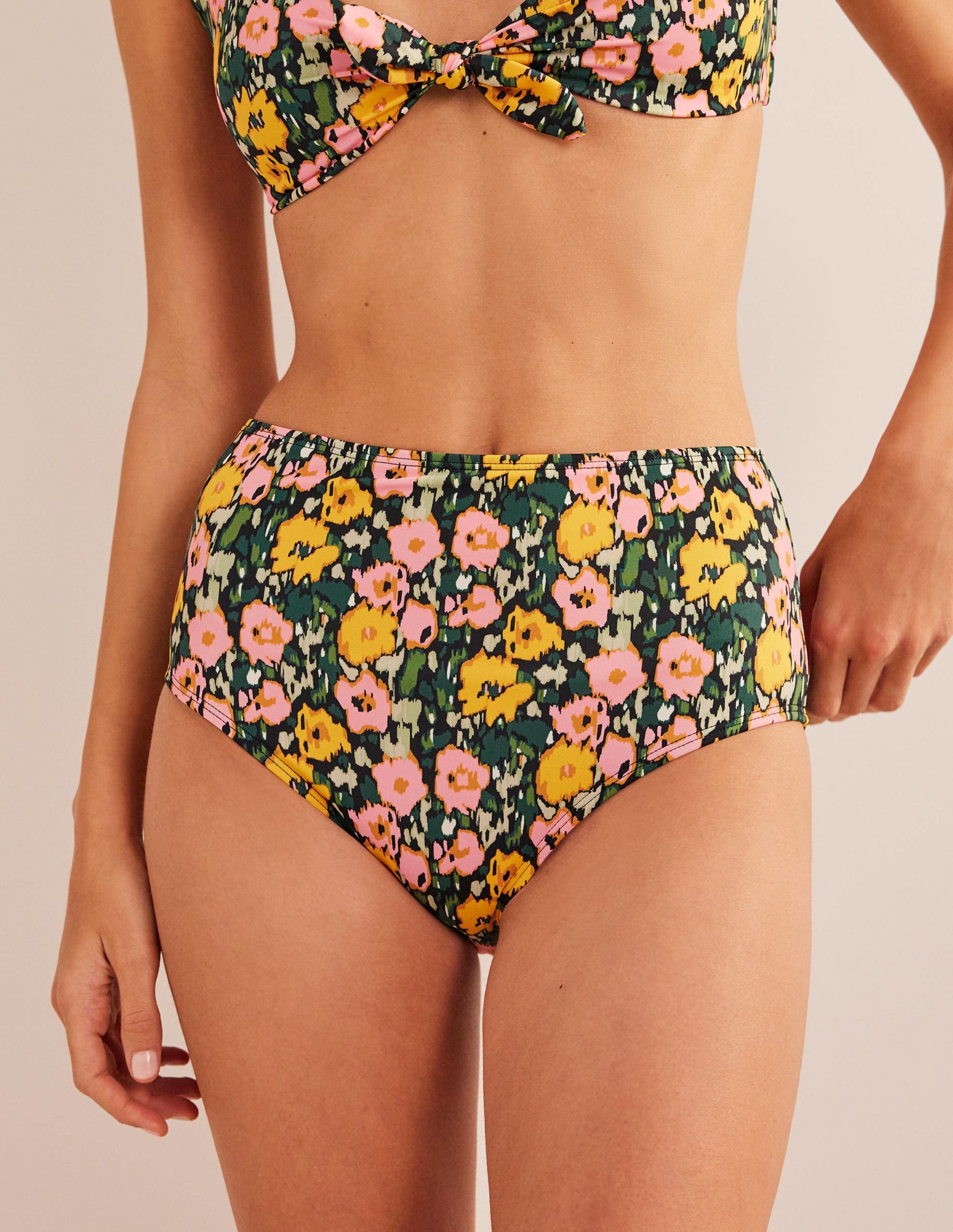 High Waisted Bikini Bottoms-Emerald Night, Abstract Poppy-4