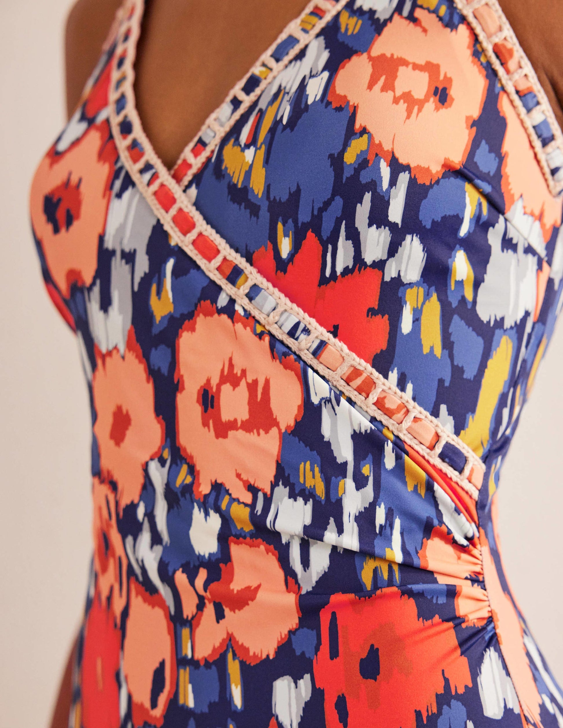 Crochet Trim Wrap Swimsuit-Navy, Abstract Poppy-4