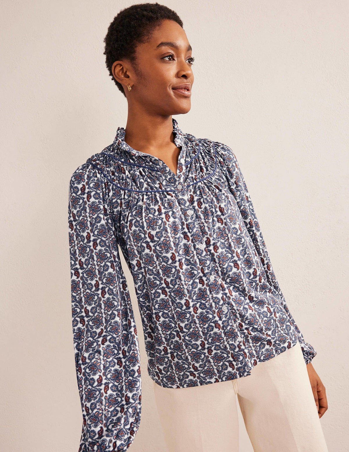 Ruched Yoke Jersey Shirt-Nightshadow, Block Paisley - Image 1