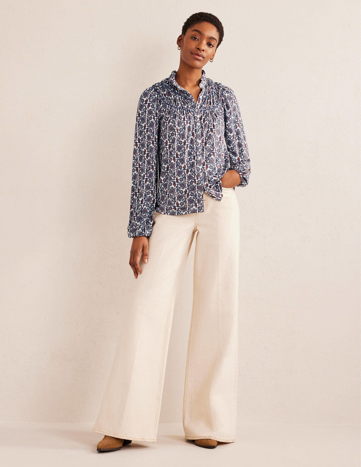 Ruched Yoke Jersey Shirt-Nightshadow, Block Paisley-4