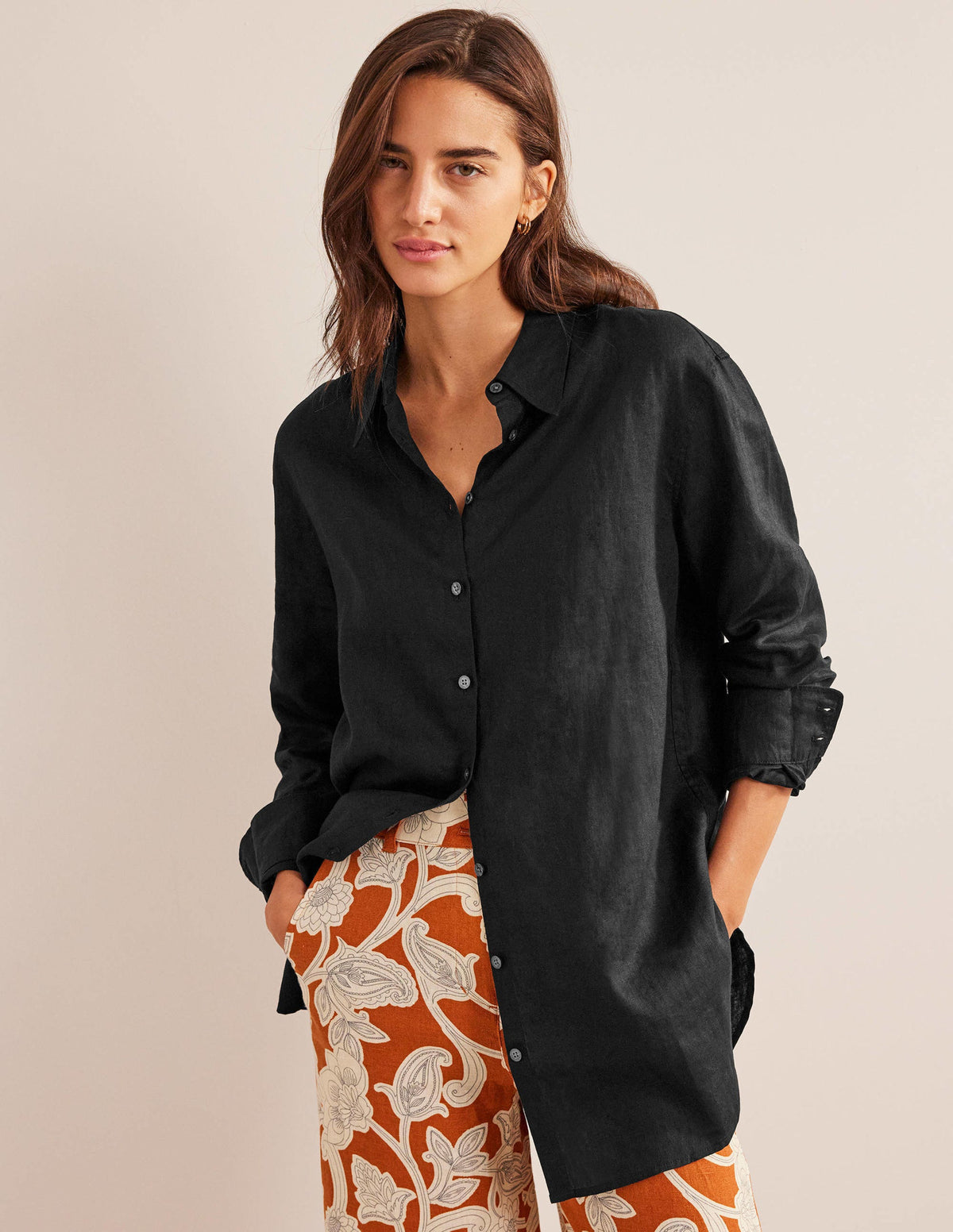 Relaxed Linen Shirt-Black-2