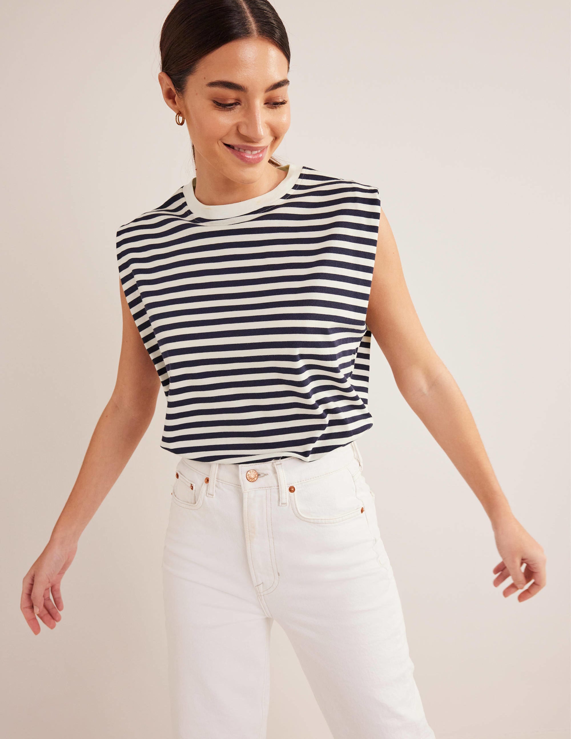 Perfect Cotton Sleeveless Top-Ivory / Navy Stripe - Image 1