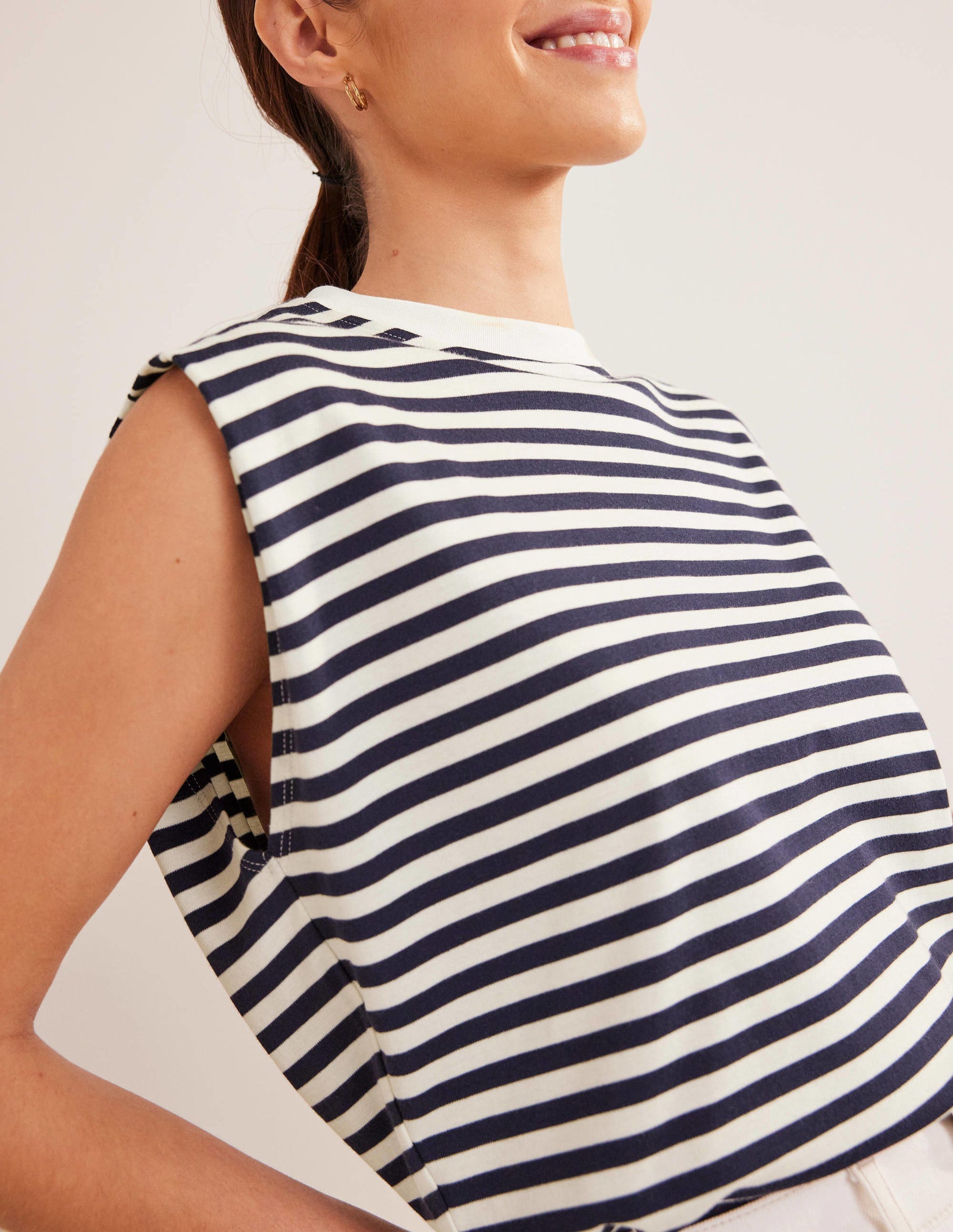 Perfect Cotton Sleeveless Top-Ivory / Navy Stripe-2