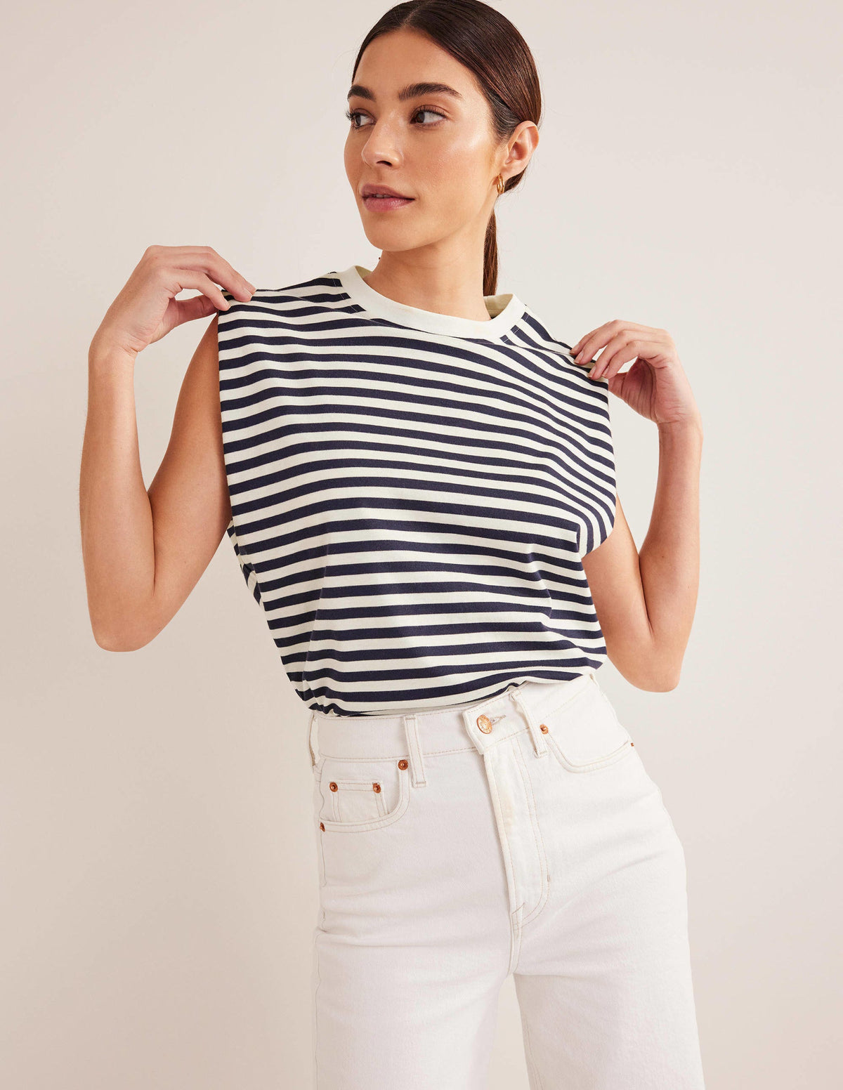 Perfect Cotton Sleeveless Top-Ivory / Navy Stripe - Image 4