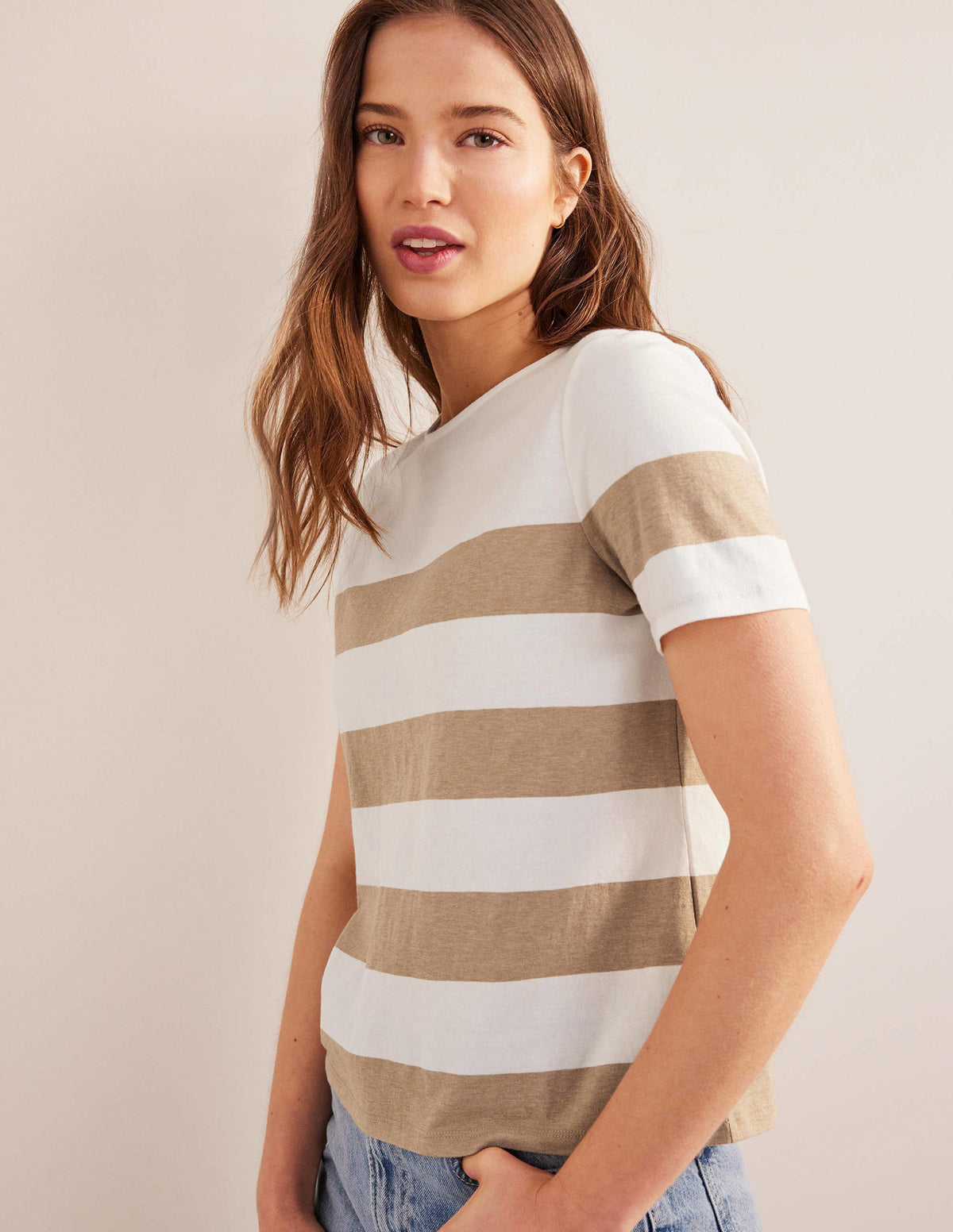 Bea Short Sleeve Breton-Ivory, Camel Wide Stripe - Image 4