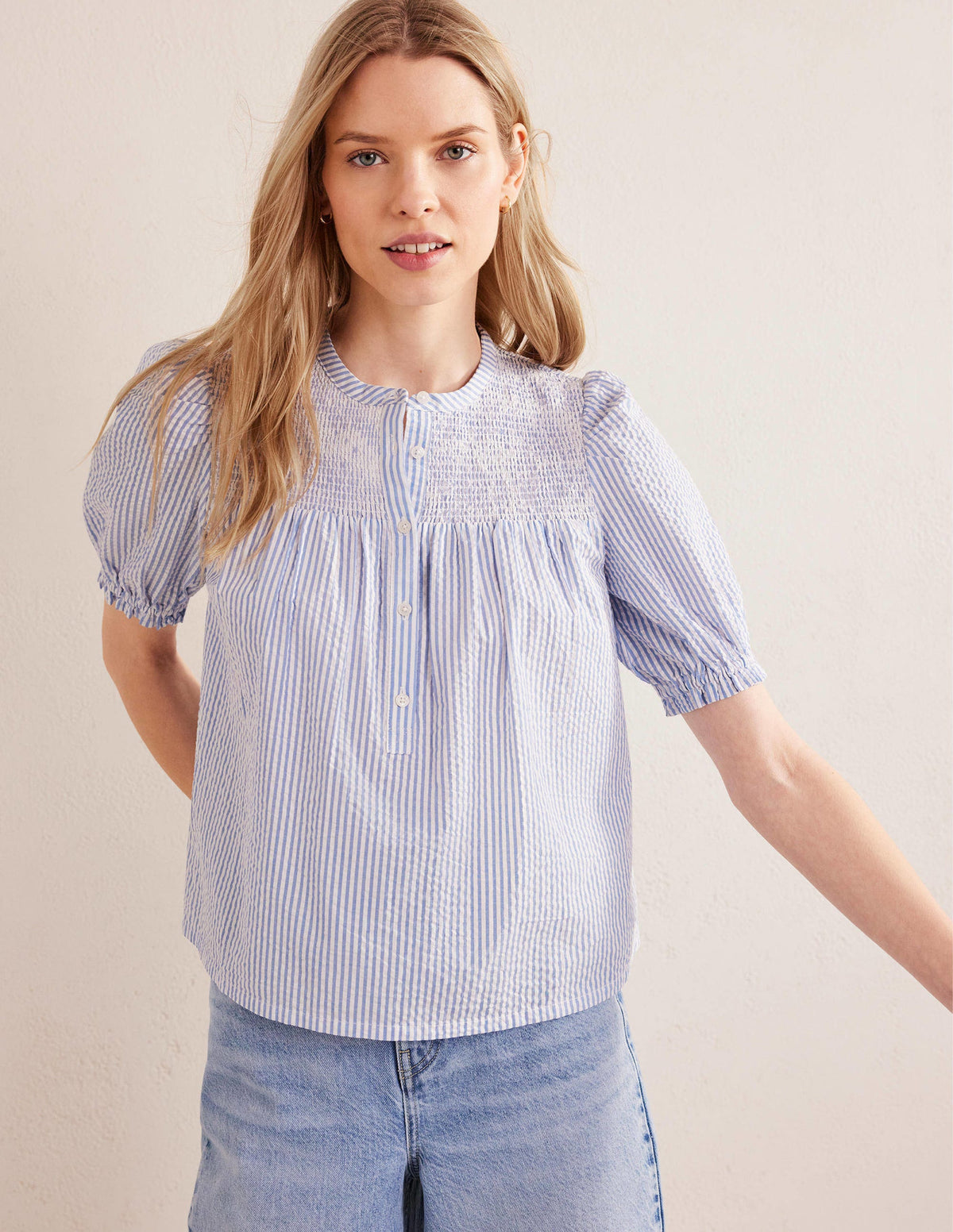 Puff Sleeve Seersucker Popover-Provence & Ivory Seersucker - Image 4