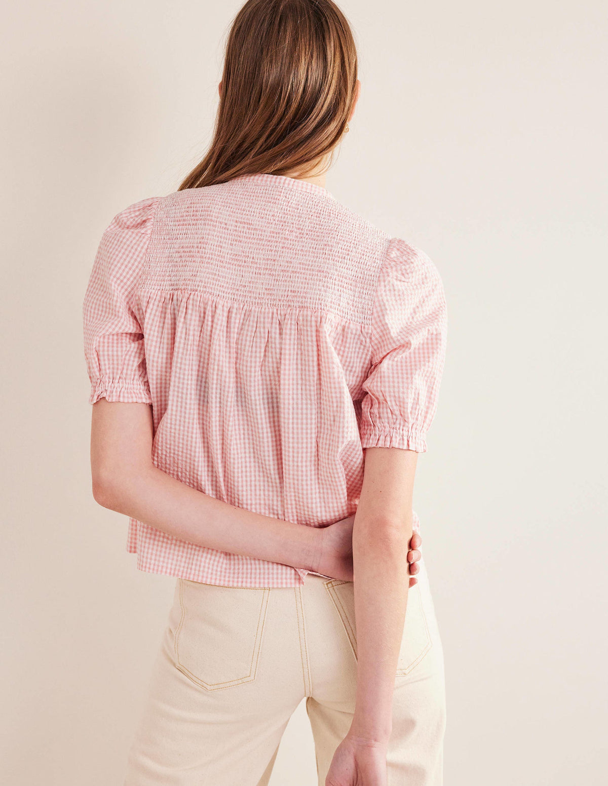 Puff Sleeve Seersucker Popover-Dahlia Pink Gingham - Image 3