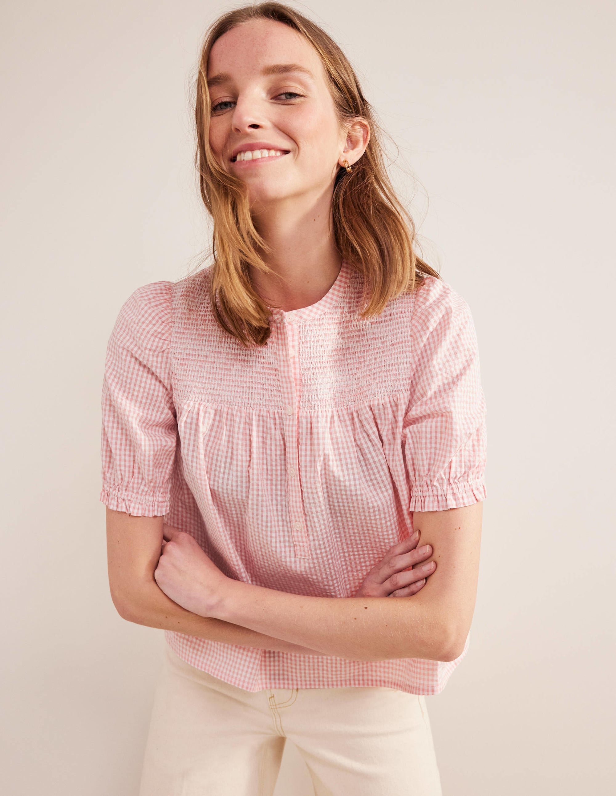 Puff Sleeve Seersucker Popover-Dahlia Pink Gingham - Image 4