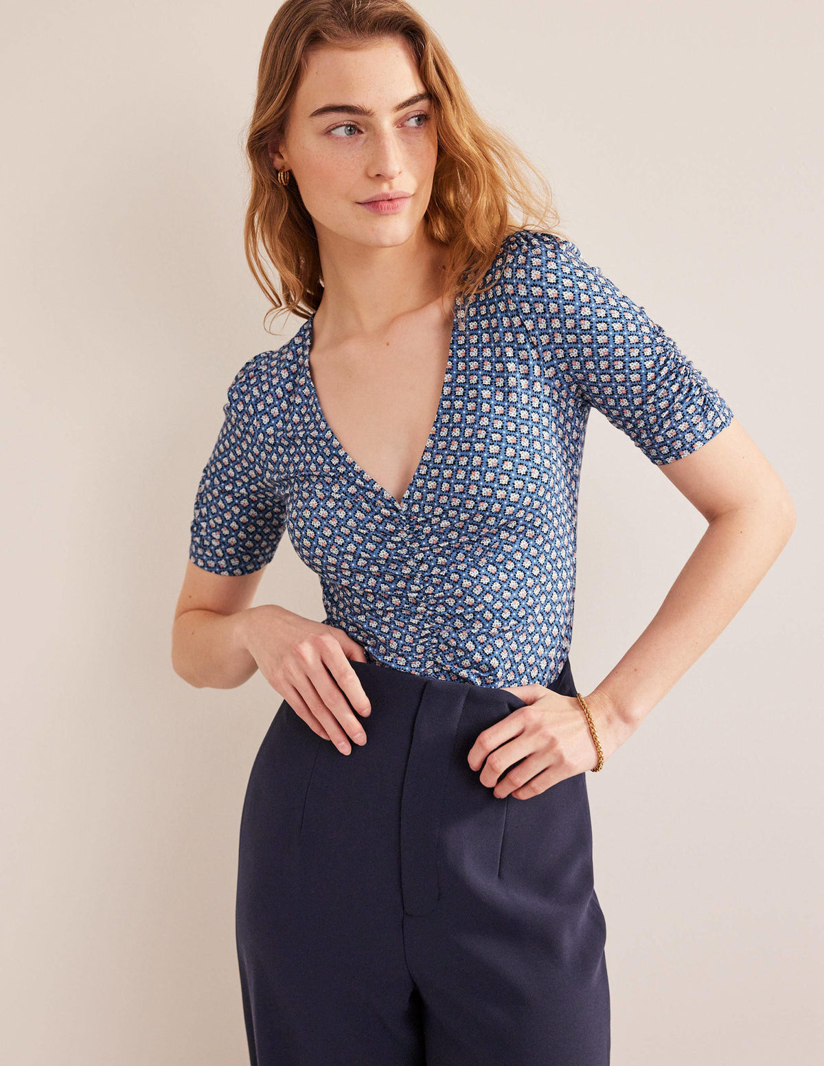 Ruched Front Printed Top-Porcelain Blue, Bloom Bud-1