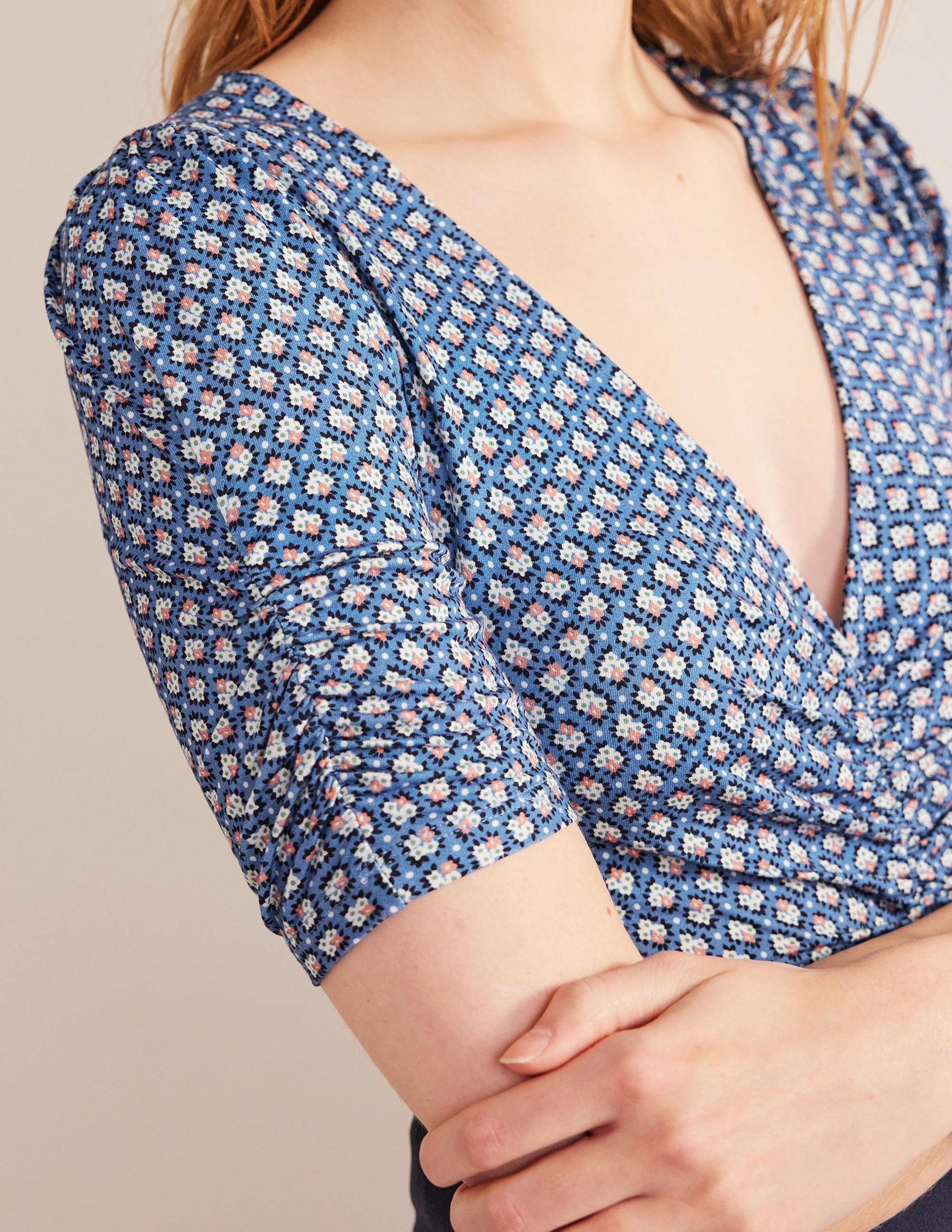 Ruched Front Printed Top-Porcelain Blue, Bloom Bud - Image 2