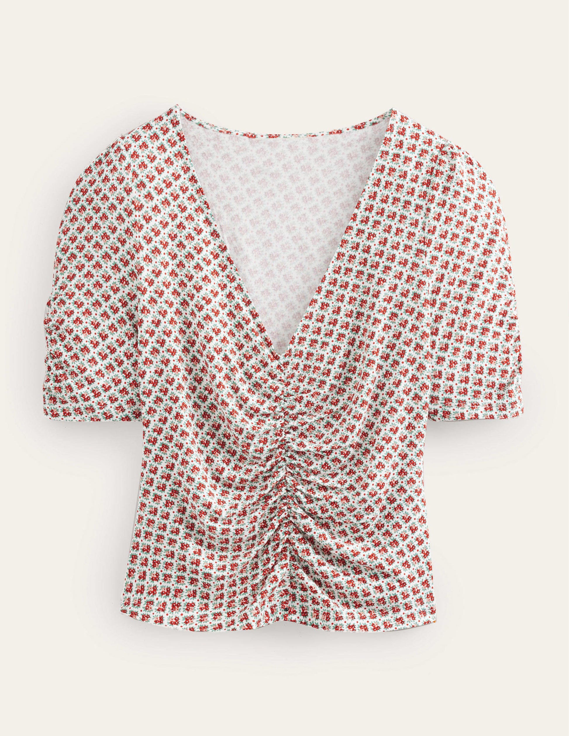 Ruched Front Printed Top-Vermillion, Bloom Bud-5