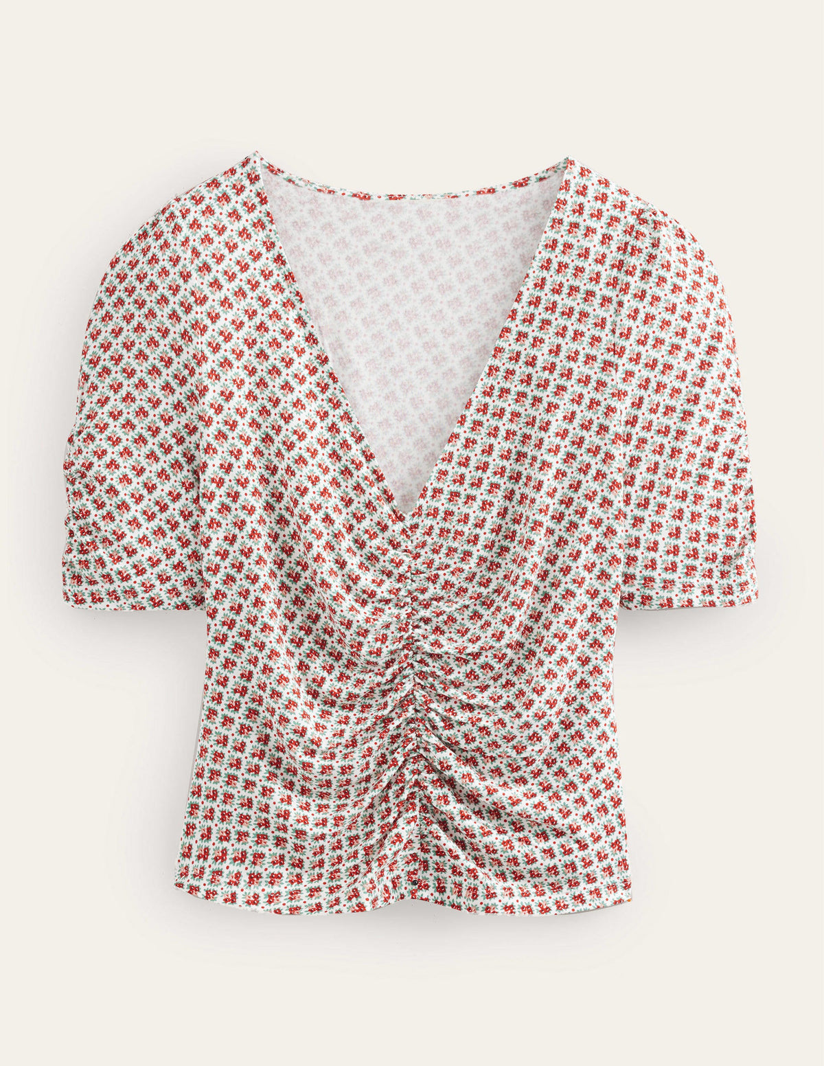 Ruched Front Printed Top-Vermillion, Bloom Bud - Image 5