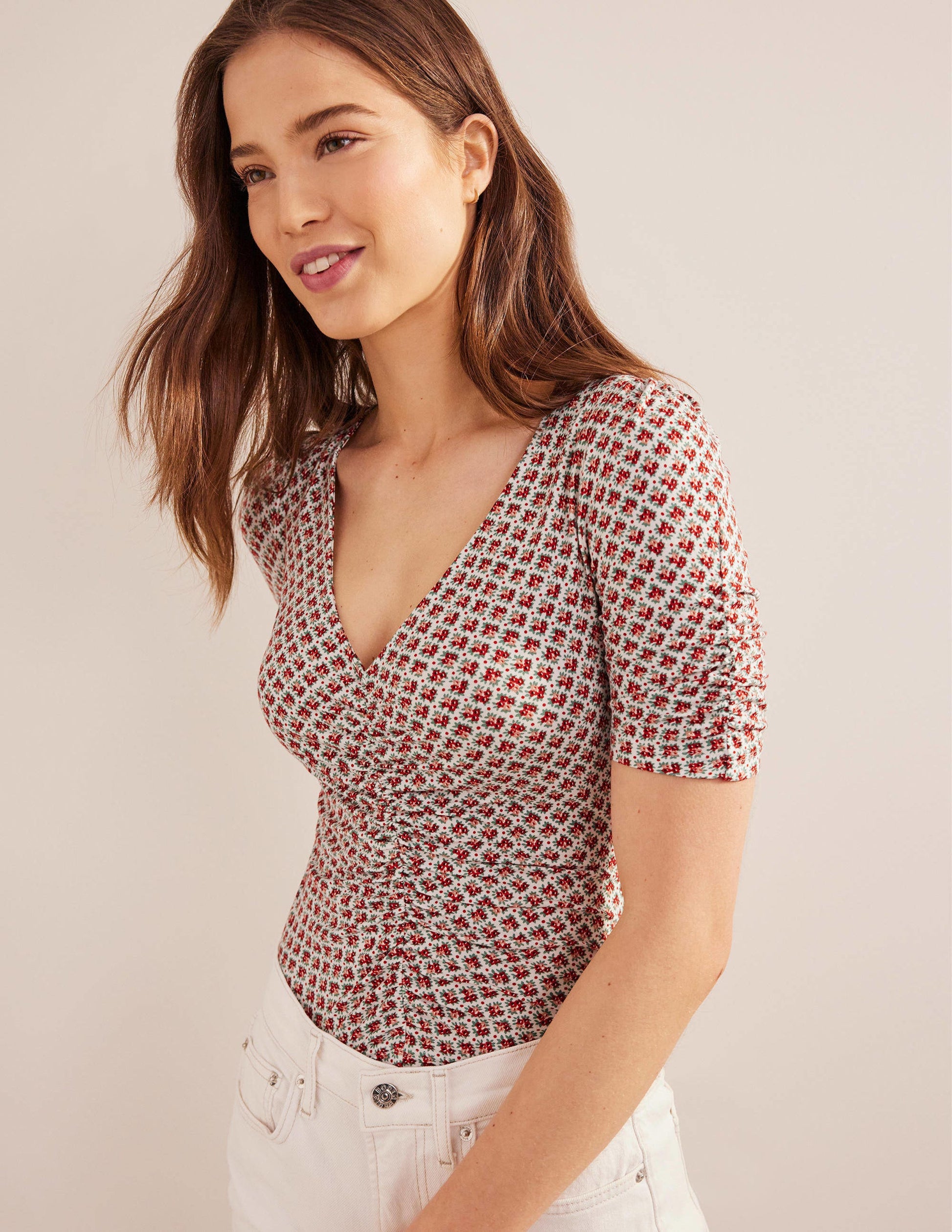 Ruched Front Printed Top-Vermillion, Bloom Bud-1
