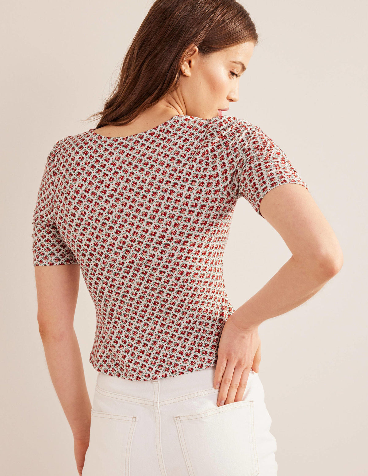 Ruched Front Printed Top-Vermillion, Bloom Bud-3