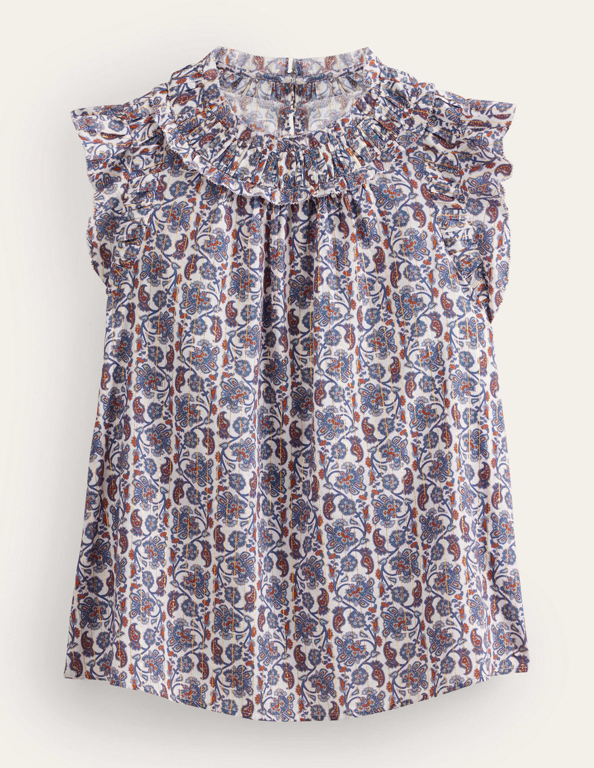 Ruched Detail Sleeveless Top-Ivory, Block Paisley-5