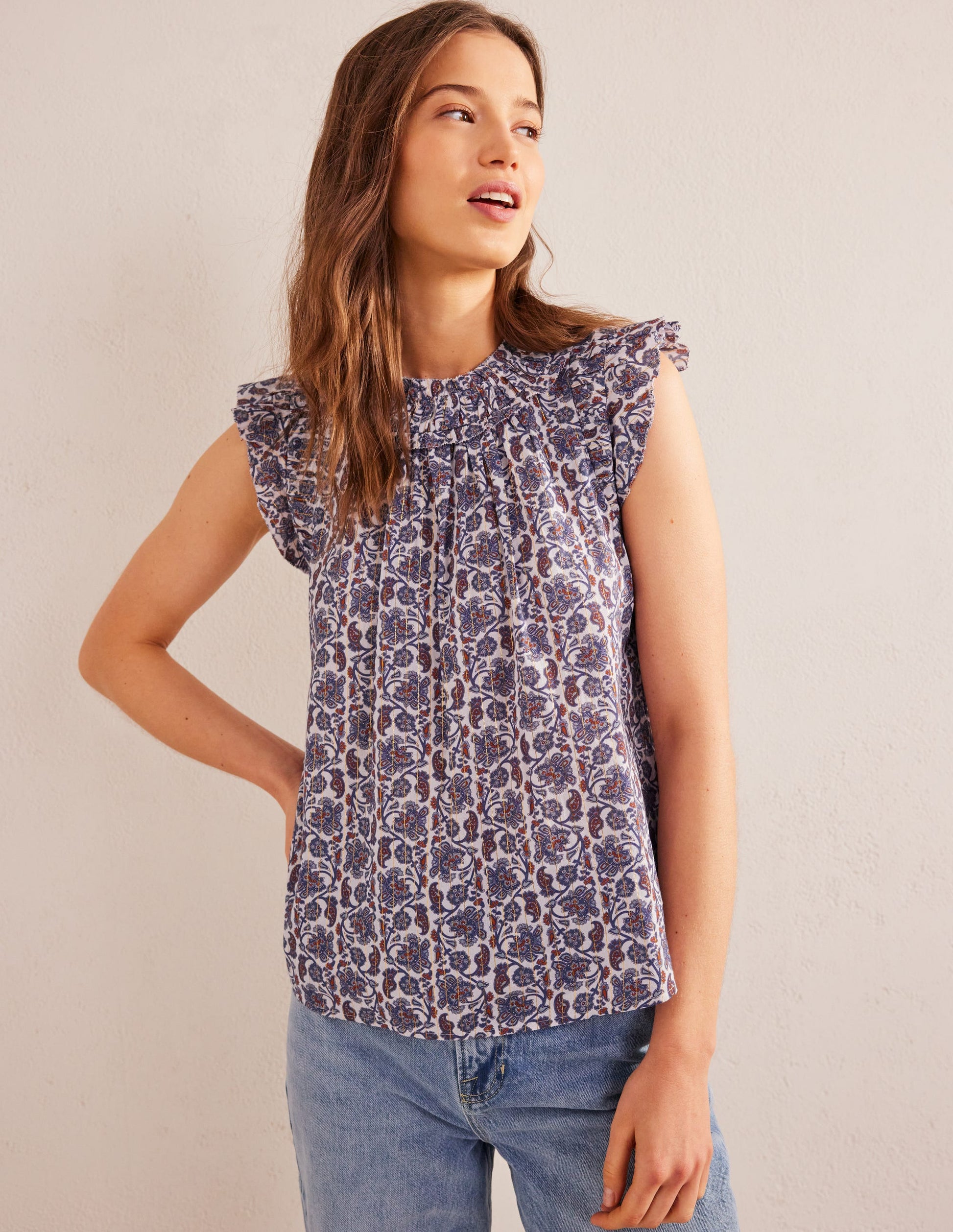 Ruched Detail Sleeveless Top-Ivory, Block Paisley-1