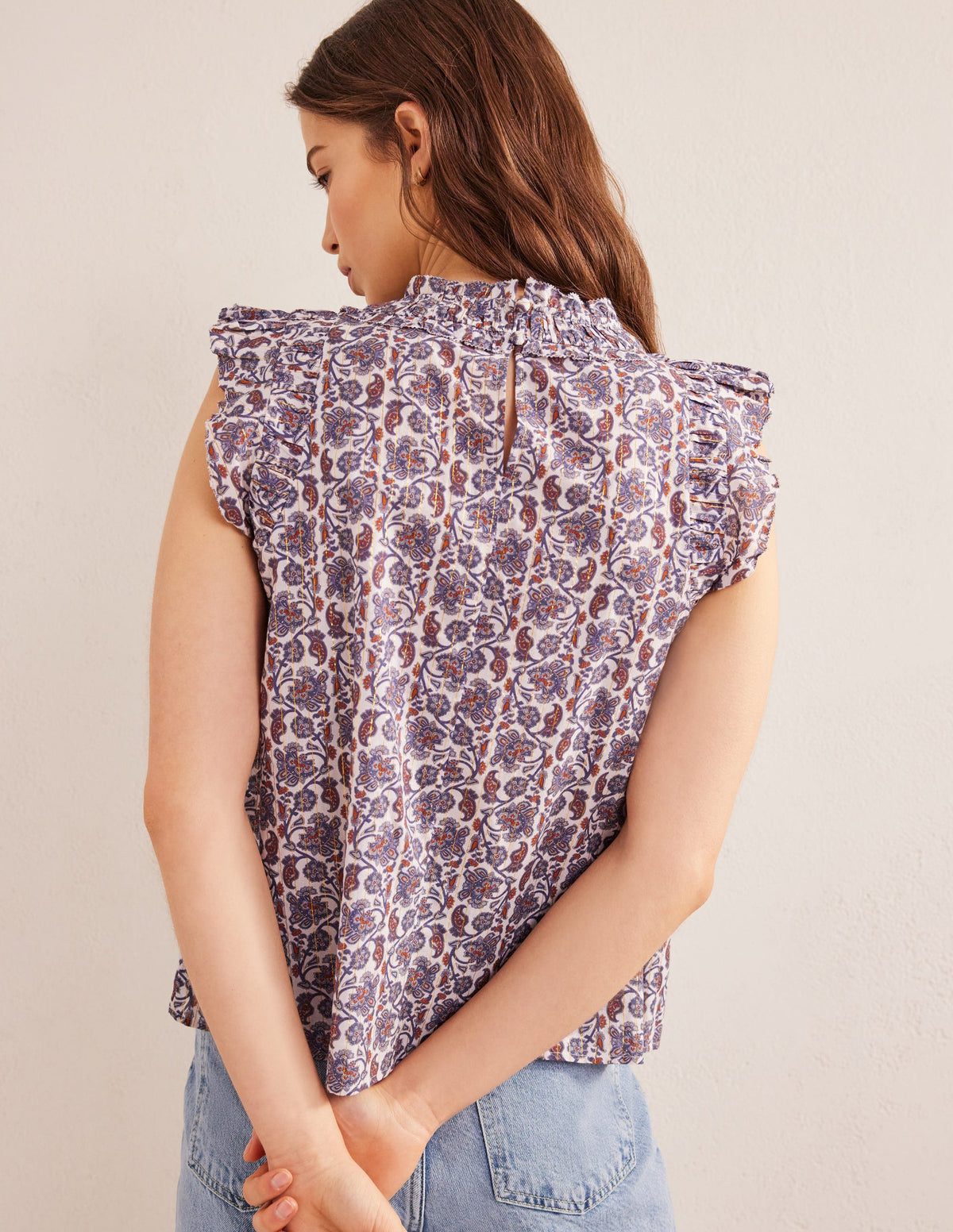 Ruched Detail Sleeveless Top-Ivory, Block Paisley-3