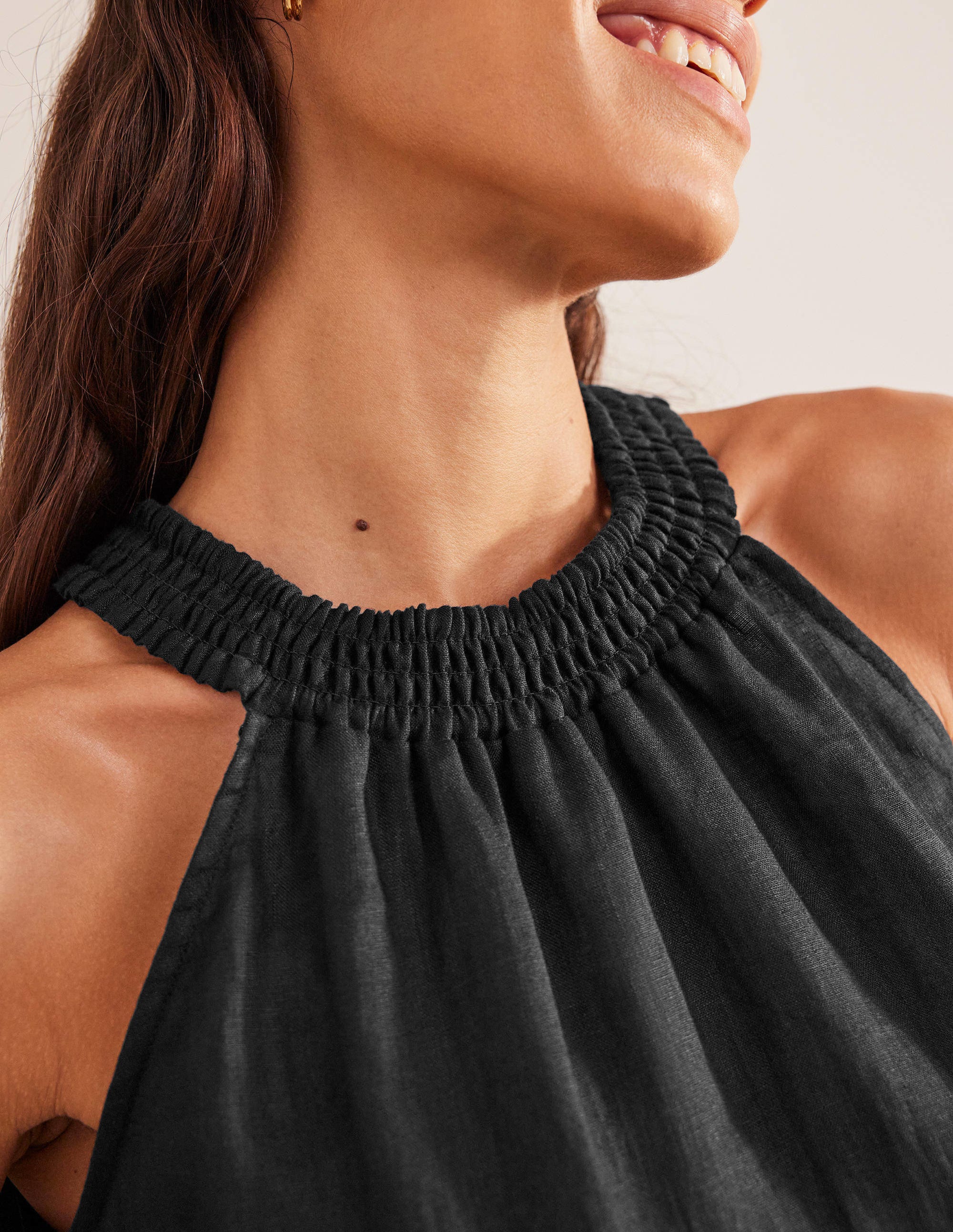 Linen Smocked Halter Top-Black - Image 2