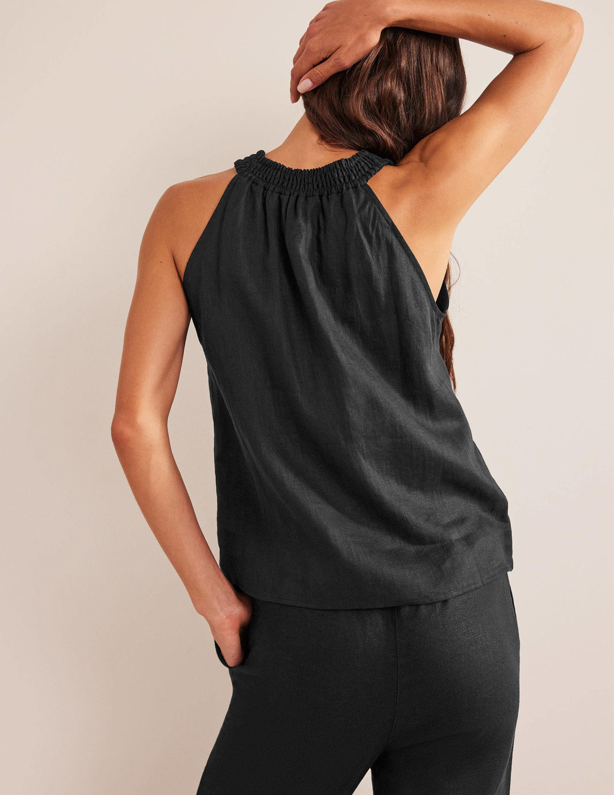 Linen Smocked Halter Top-Black-3