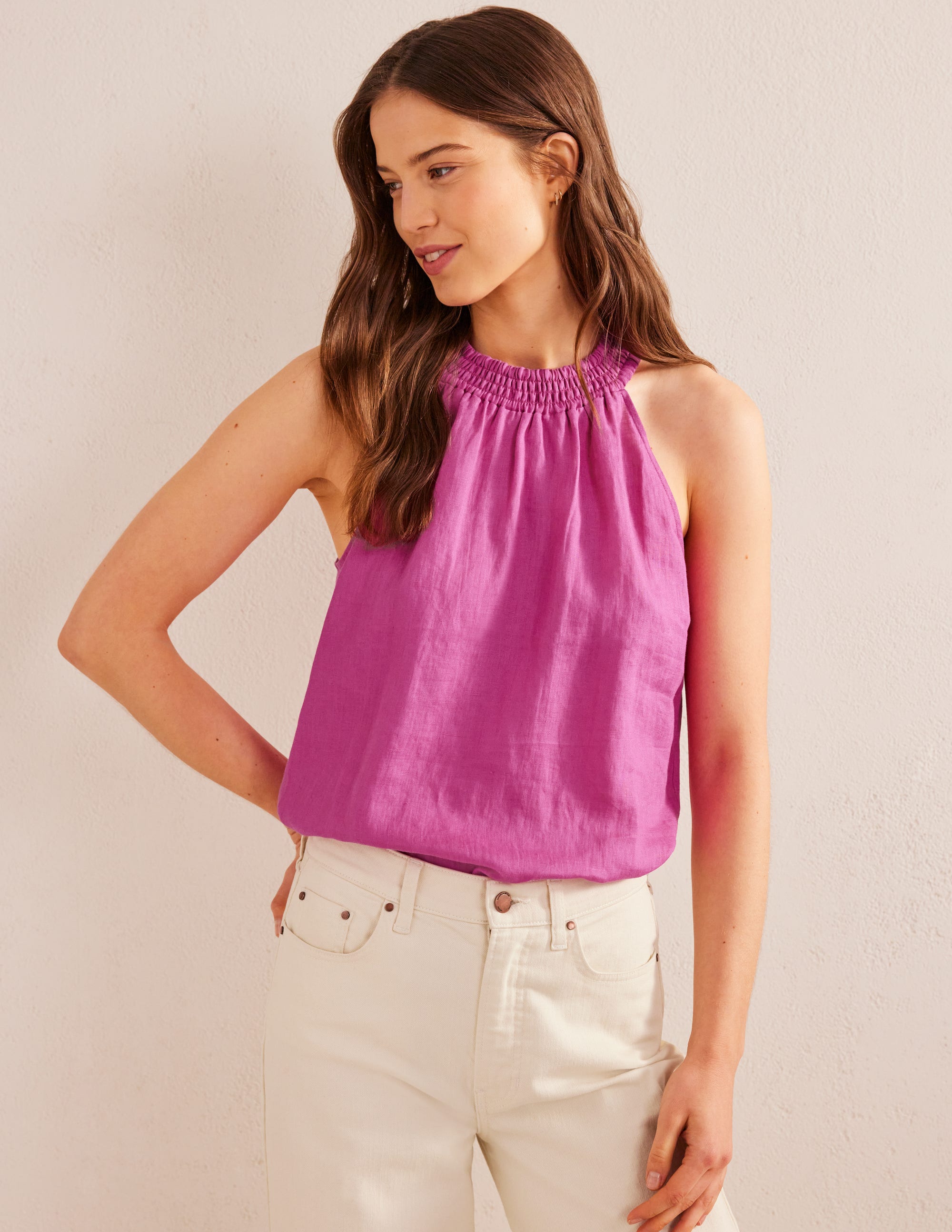 Linen Smocked Halter Top-Rose Violet - Image 1