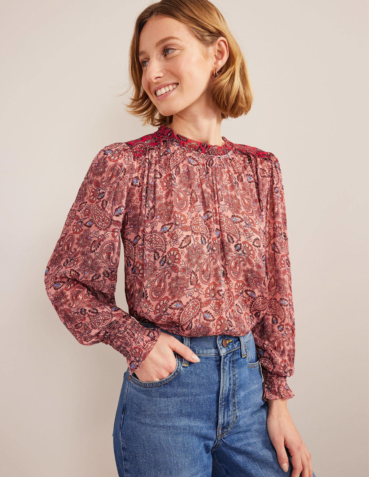 Ruffle Detail Swing Top-Chalky Pink, Paisley - Image 1