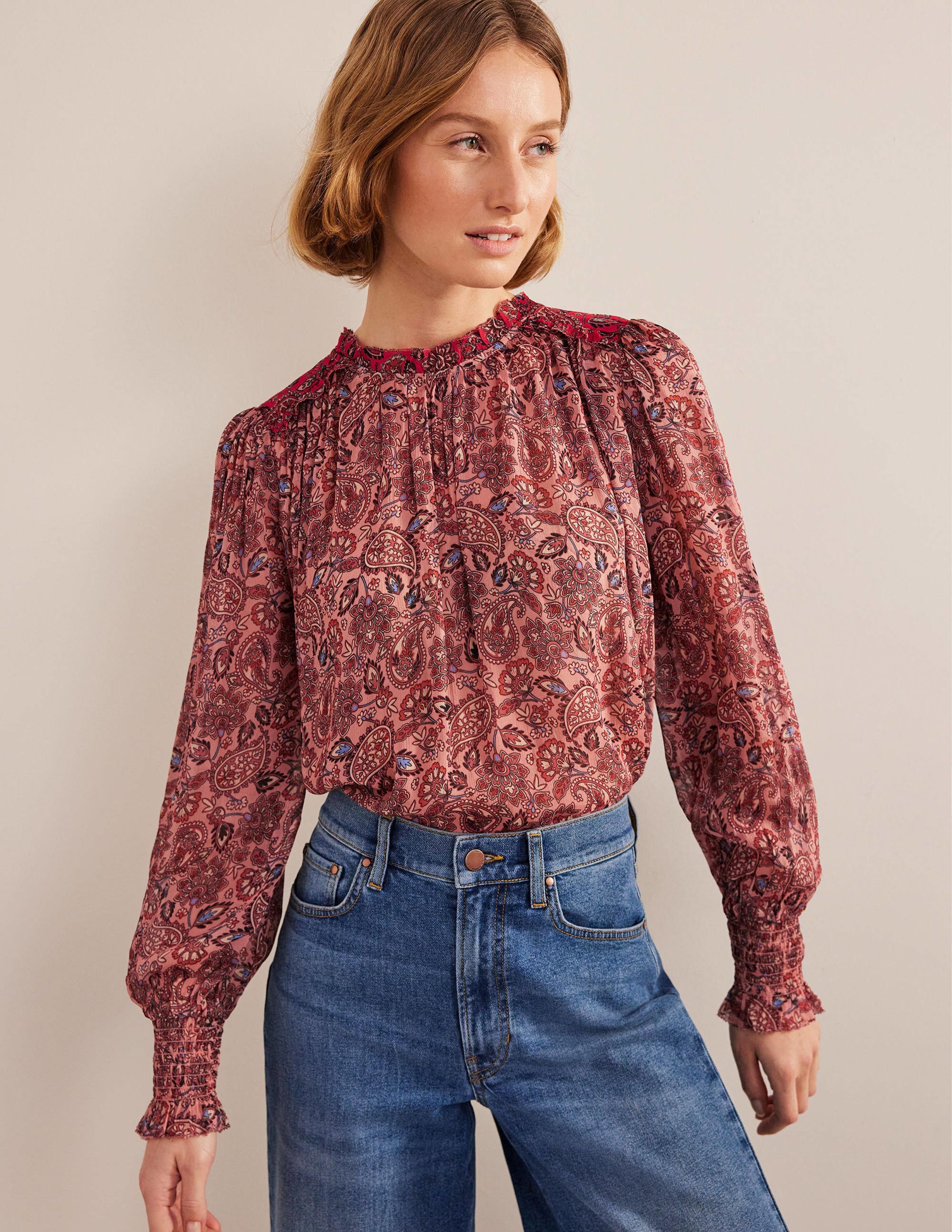 Ruffle Detail Swing Top-Chalky Pink, Paisley - Image 4