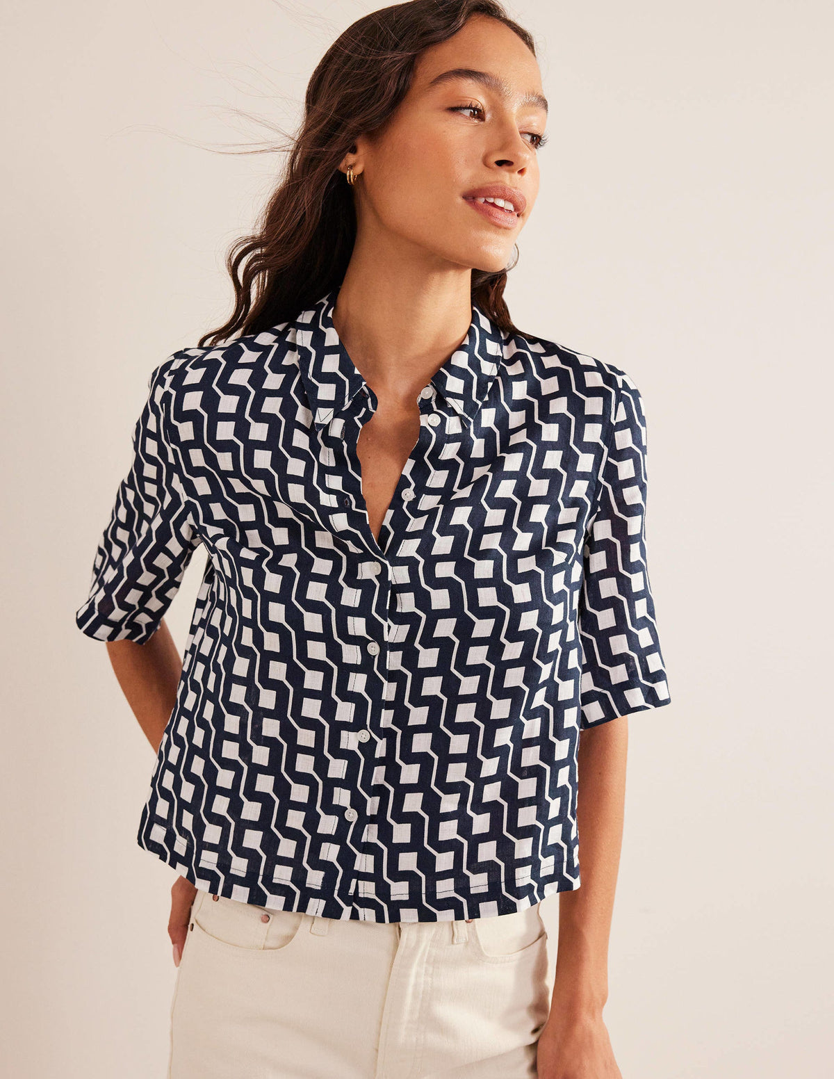 Short Sleeve Linen Shirt-French Navy, Cube Geo - Image 1
