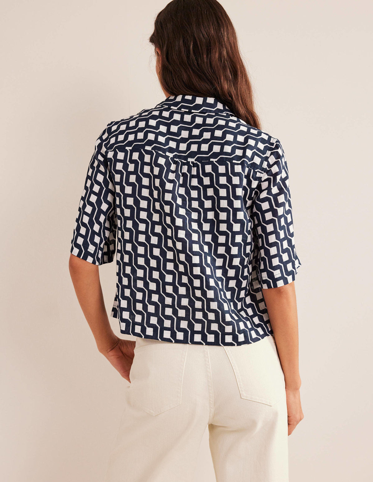 Short Sleeve Linen Shirt-French Navy, Cube Geo - Image 3