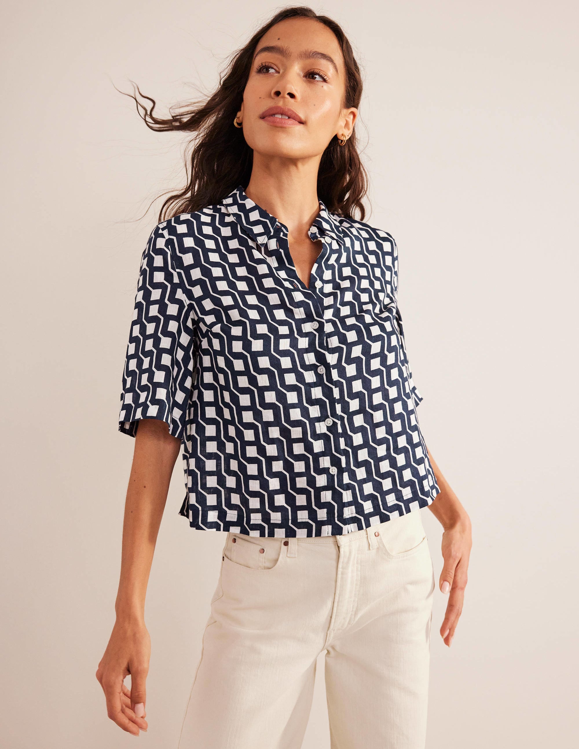 Short Sleeve Linen Shirt-French Navy, Cube Geo - Image 4