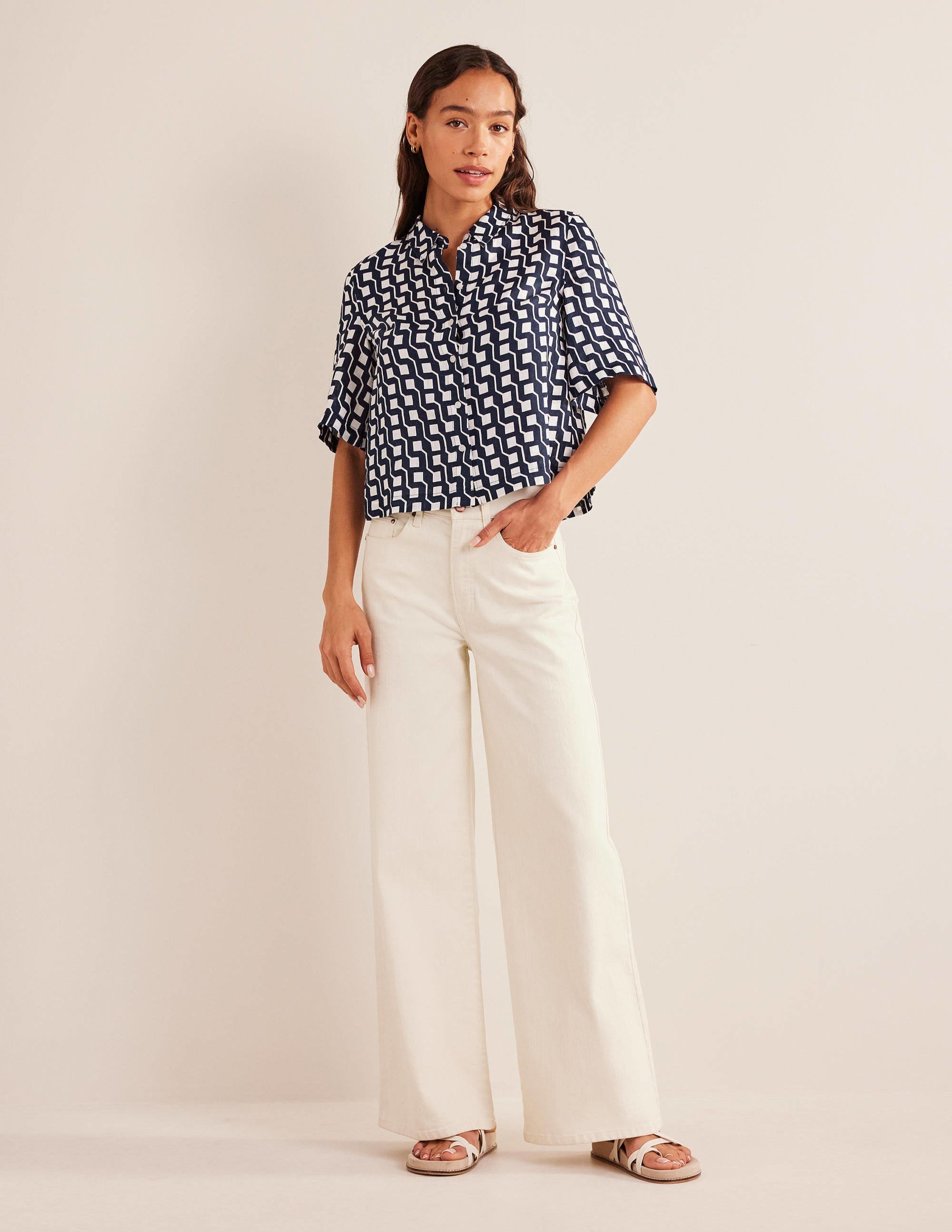 Short Sleeve Linen Shirt-French Navy, Cube Geo - Image 5