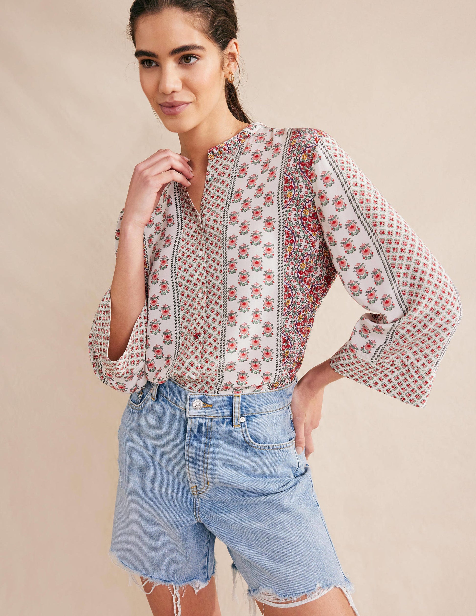Wide Sleeve Relaxed Blouse-Rose Pink, Dainty Floret-5