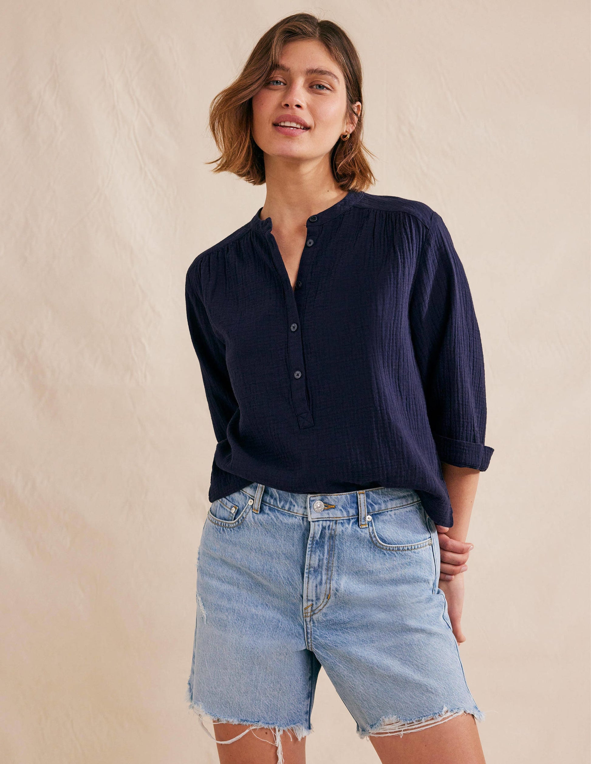 Wide Sleeve Cheesecloth Top-Navy-1