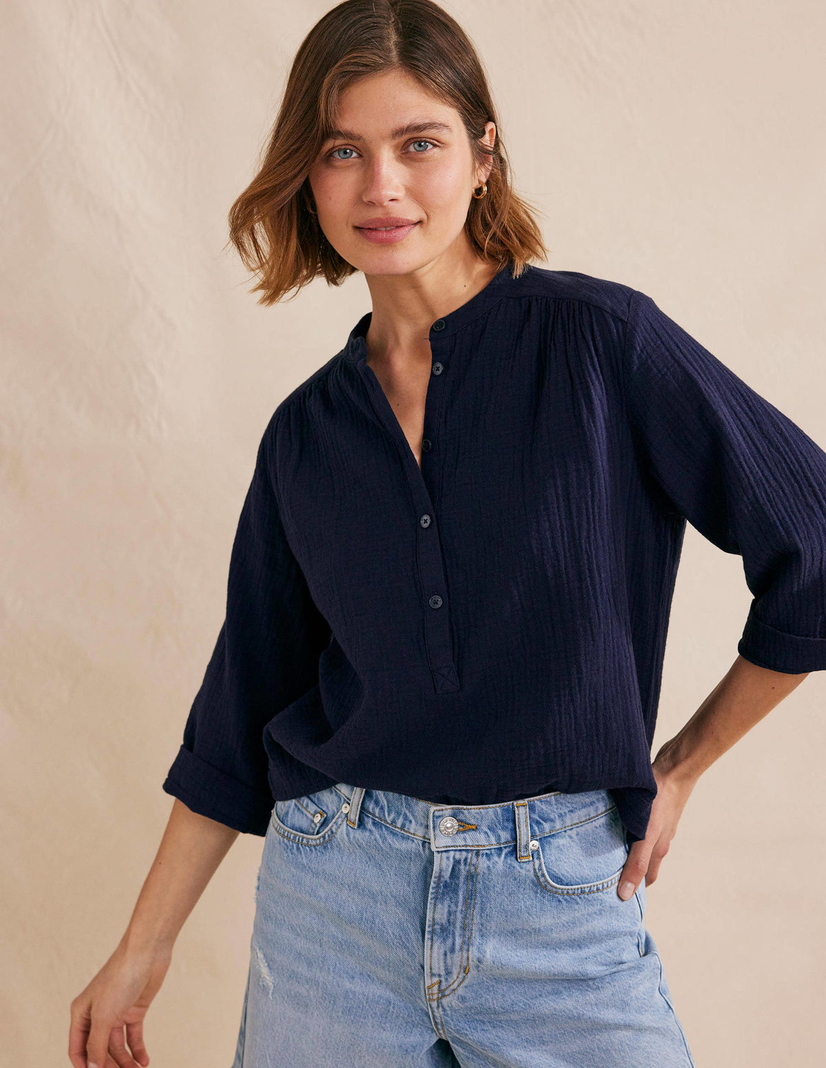 Wide Sleeve Cheesecloth Top-Navy-4