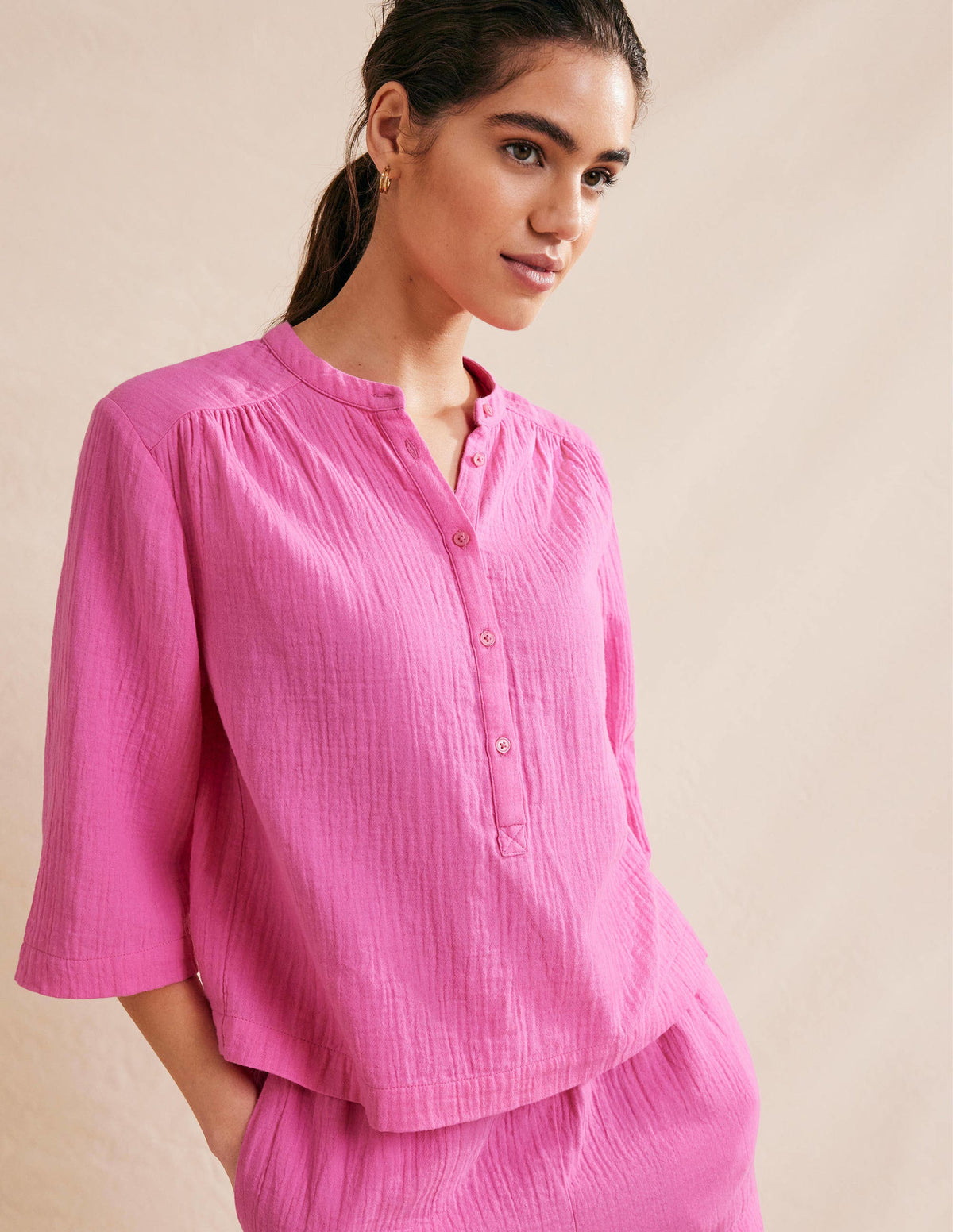 Wide Sleeve Cheesecloth Top-Festival Pink - Image 1