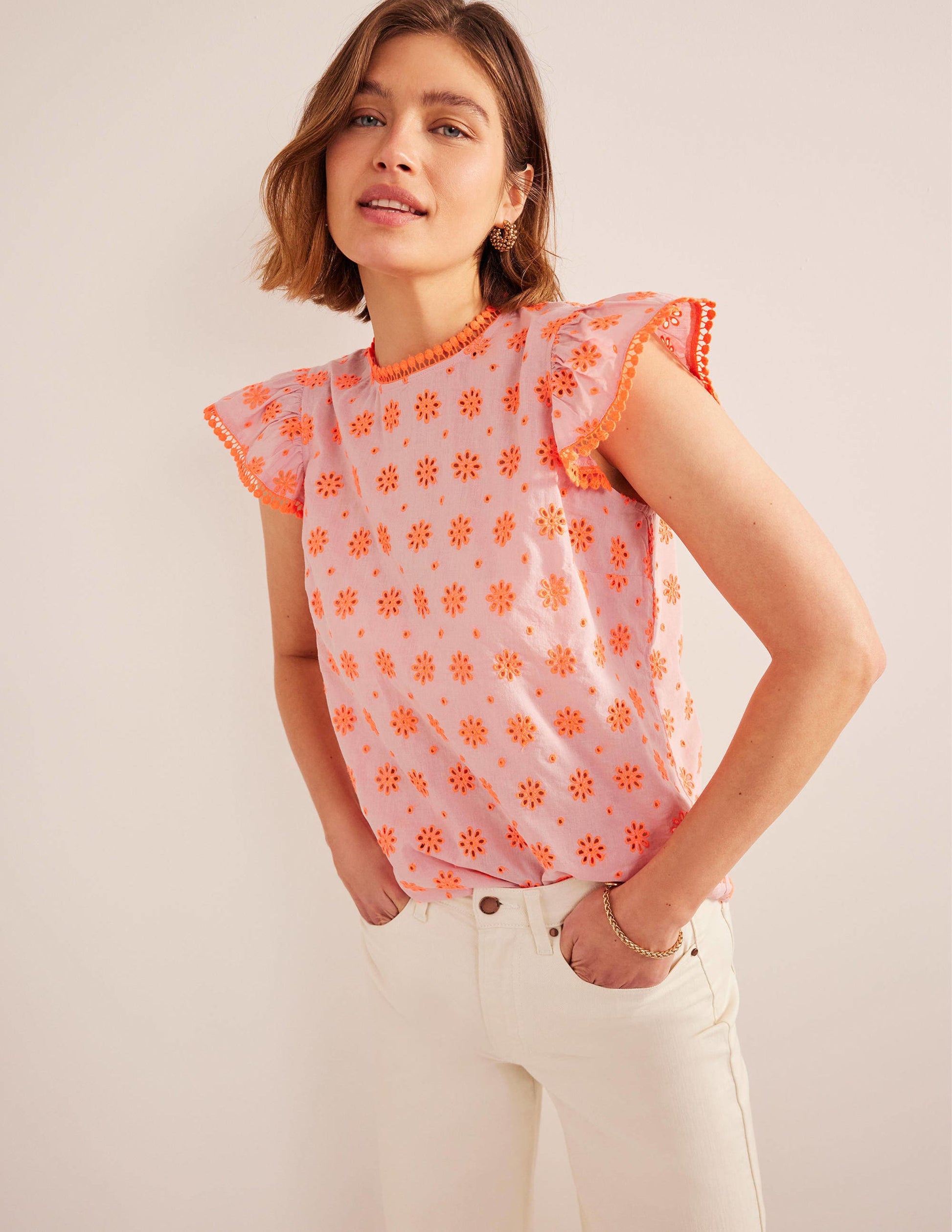 Embroidered Pom Trim Top-Watermelon Punch-1