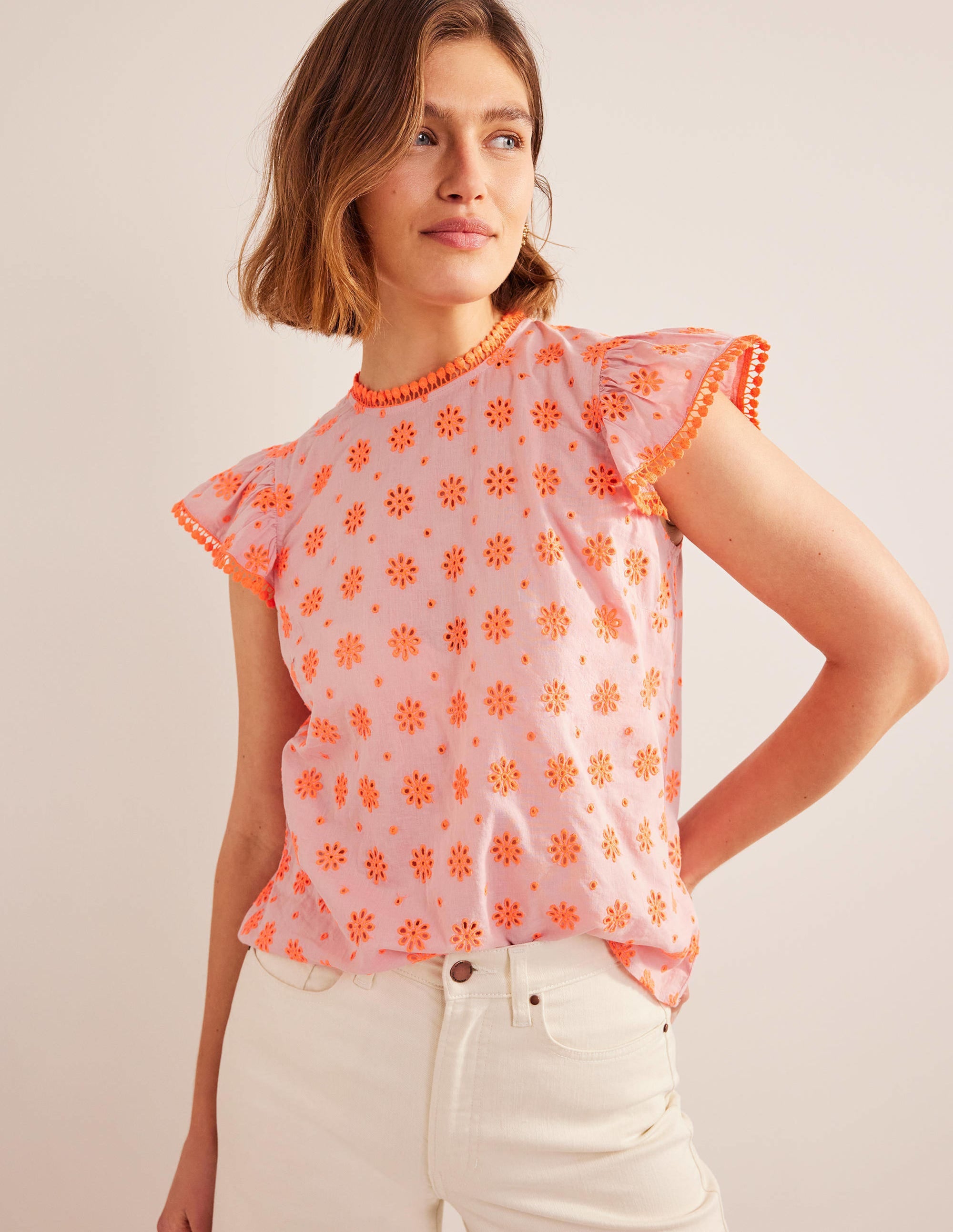 Embroidered Pom Trim Top-Watermelon Punch - Image 4