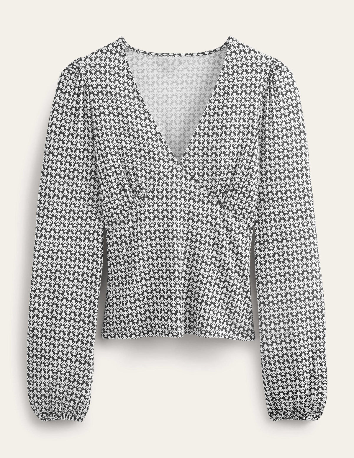 V-Neck Printed Top-Black, Tulip Bud-5