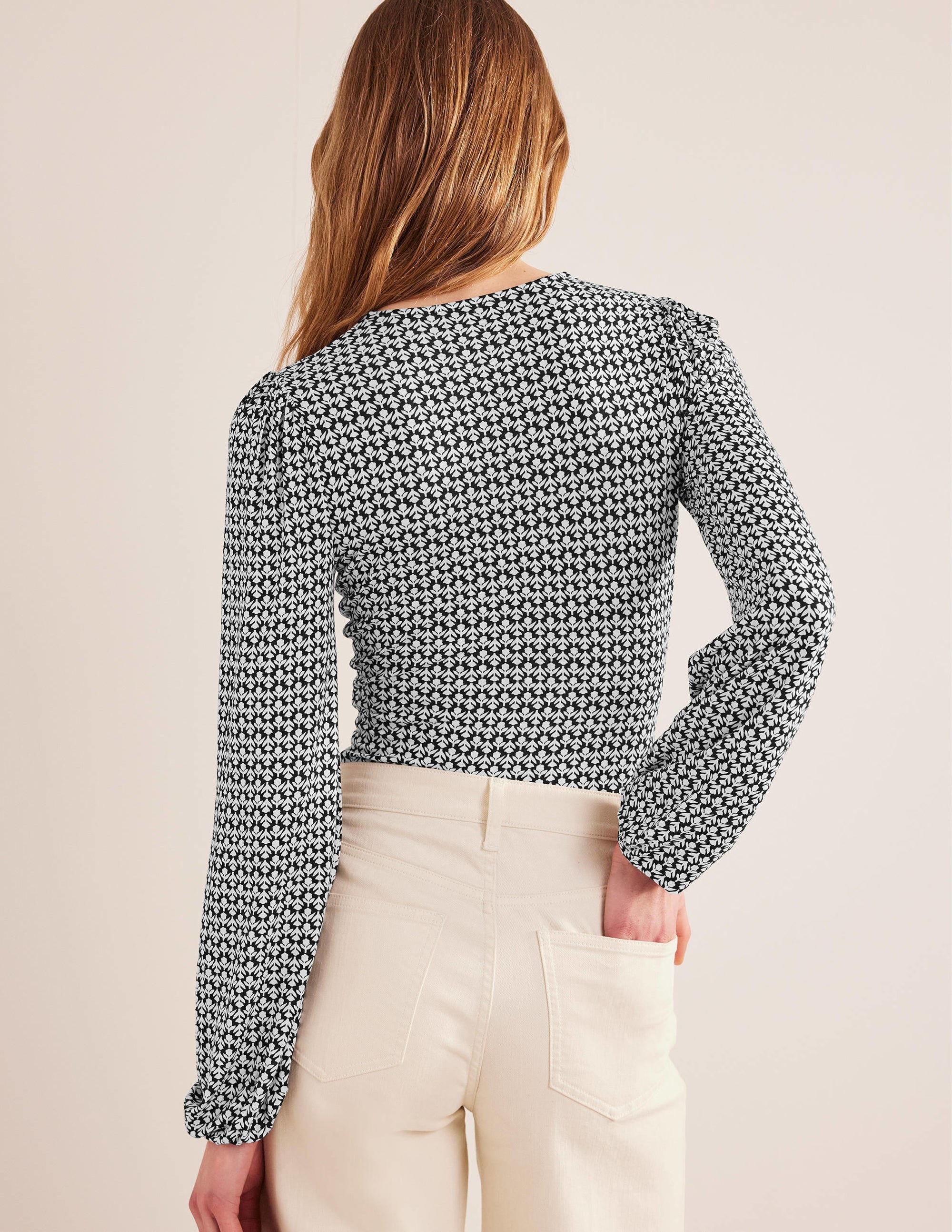 V-Neck Printed Top-Black, Tulip Bud - Image 3