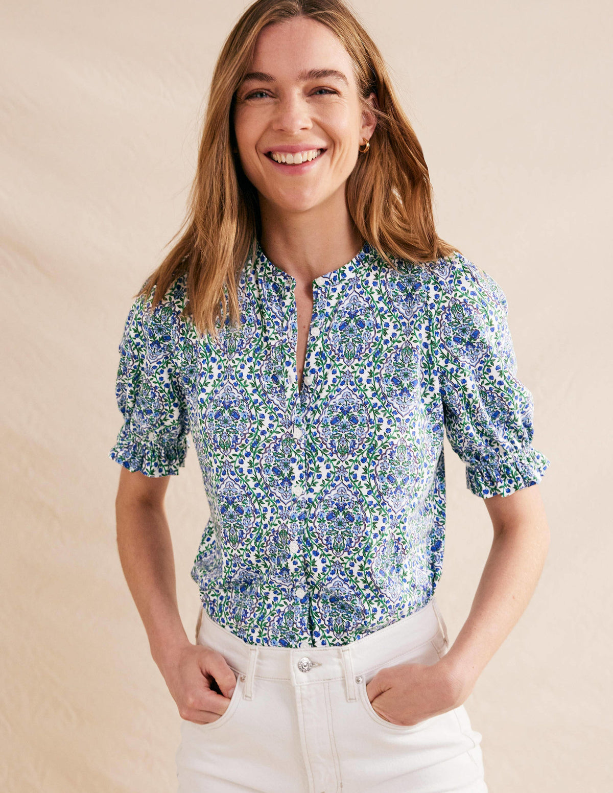 Frilled Short Sleeve Shirt-Linseed and Vine Terrace-1