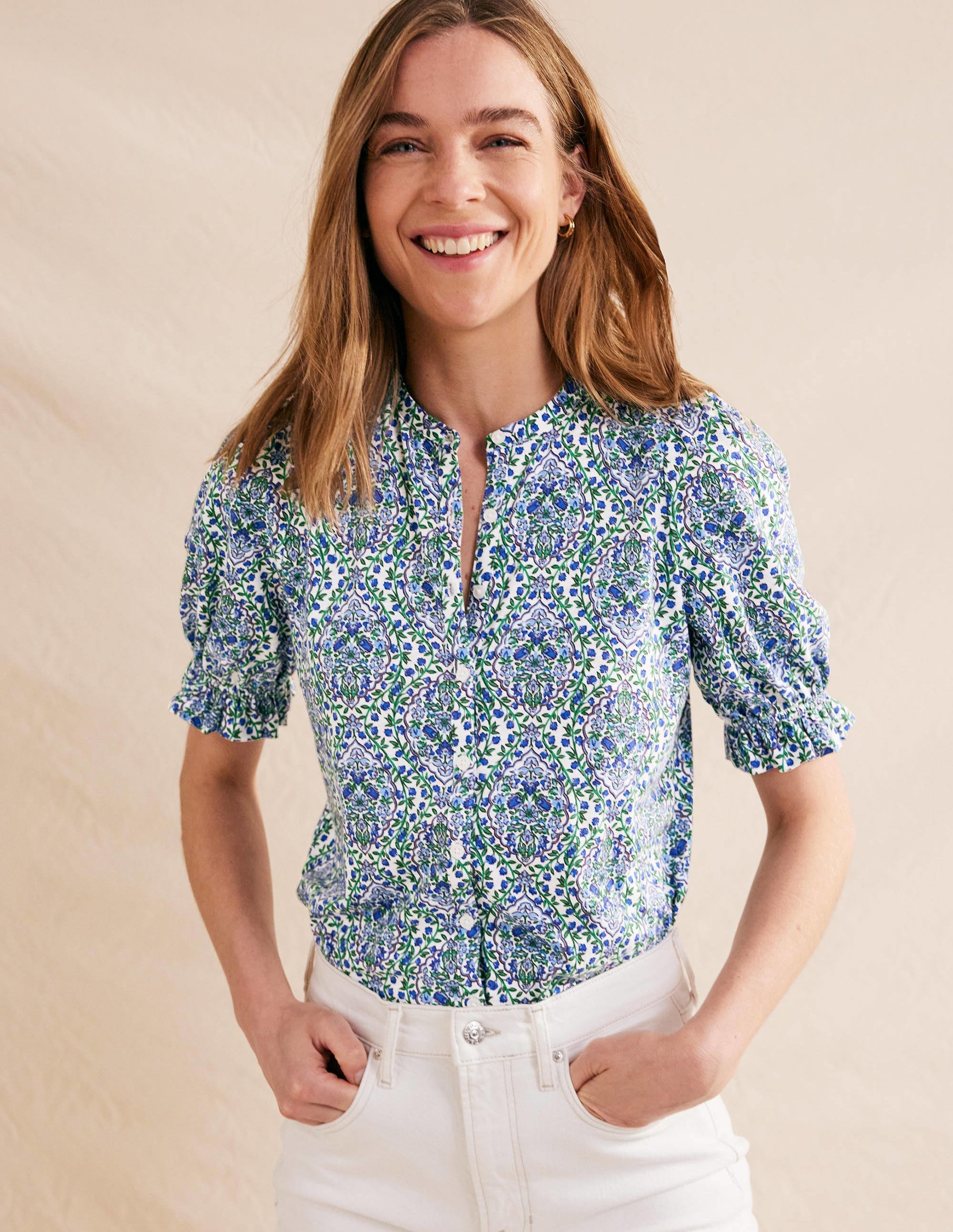 Frilled Short Sleeve Shirt-Linseed and Vine Terrace - Image 1