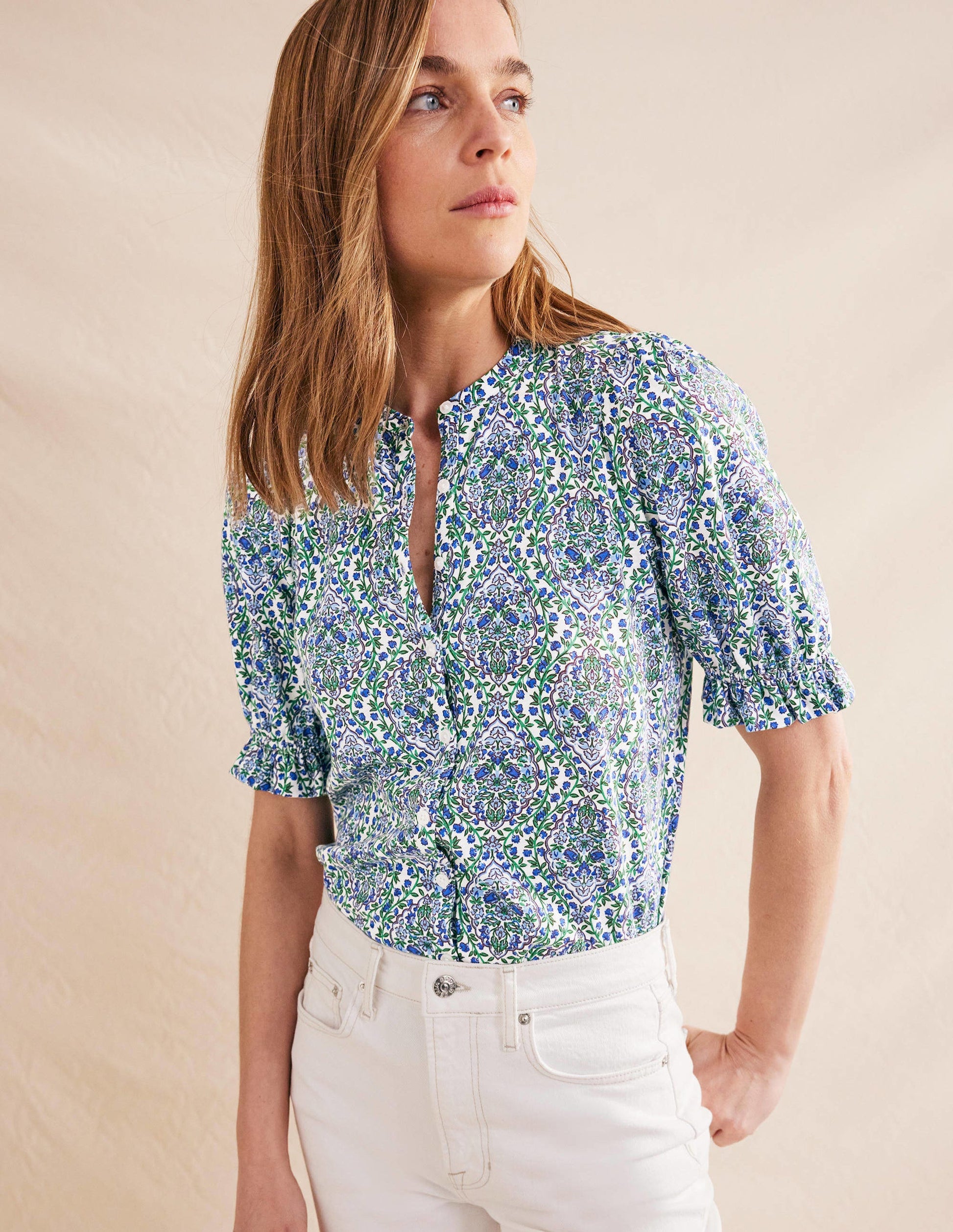 Frilled Short Sleeve Shirt-Linseed and Vine Terrace-4